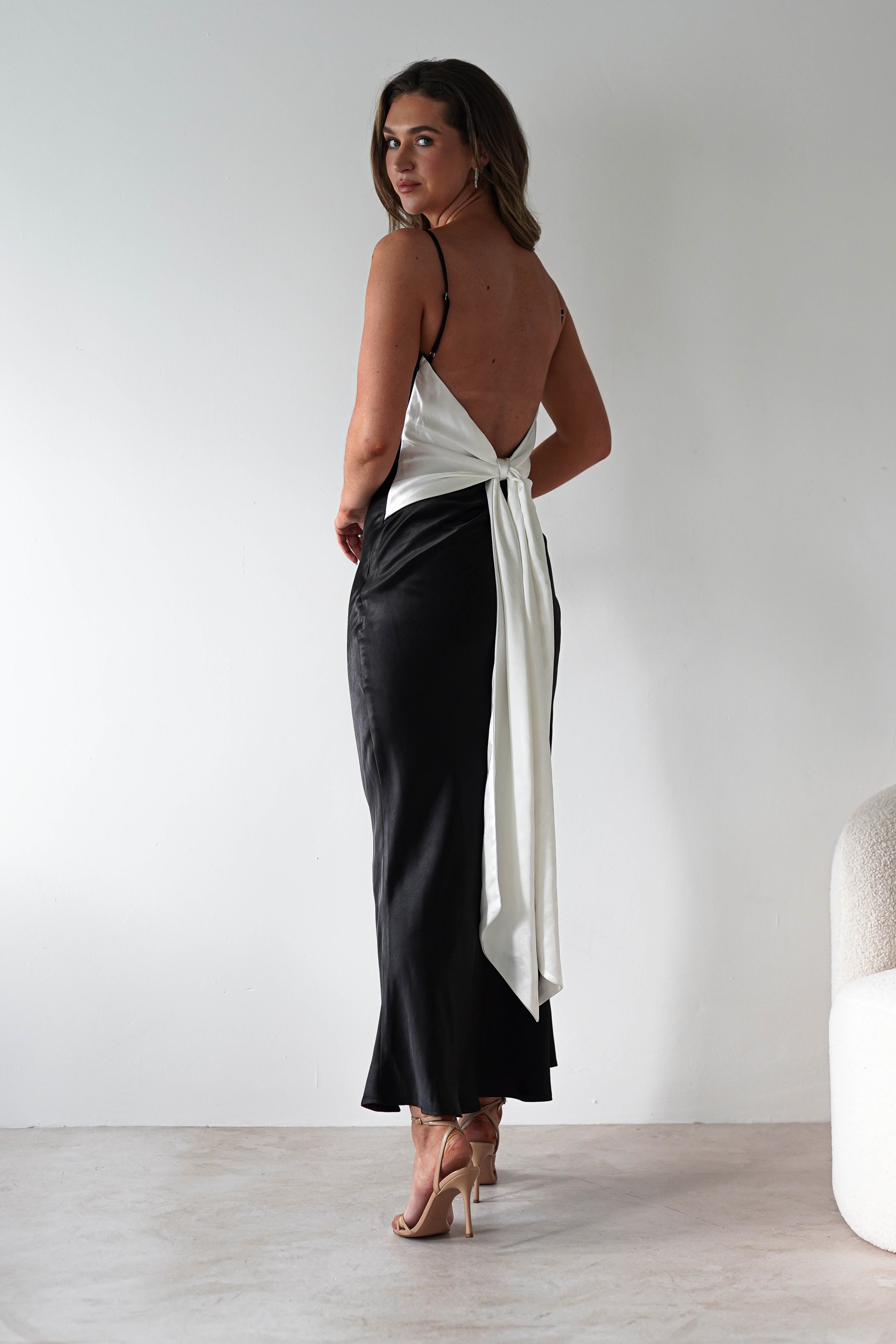 Hermie Silky Satin Maxi Dress | Black/White | Oh Hello Clothing | XS (6)