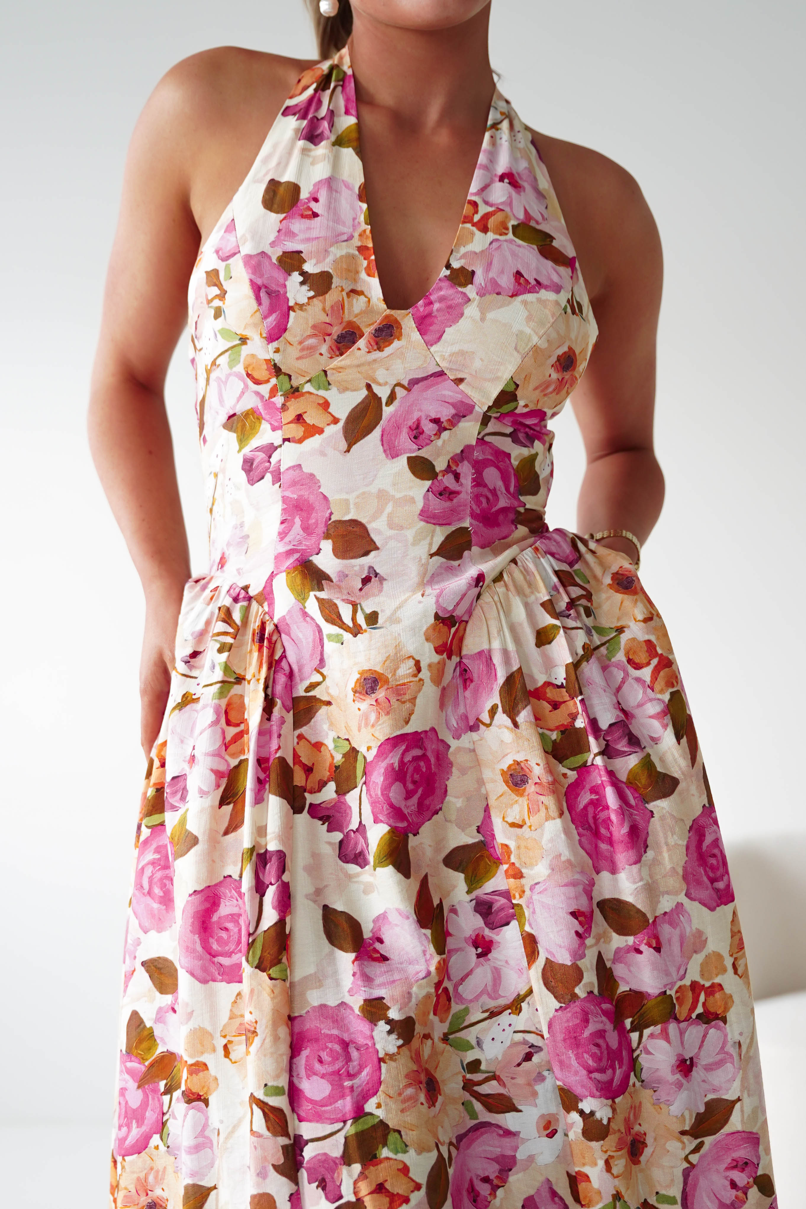 Oh Hello Clothing Women > Clothing > Dresses 1*DONE -INDIKAH-CM6714J-Blush & Rose Floral Halterneck Maxi Dress