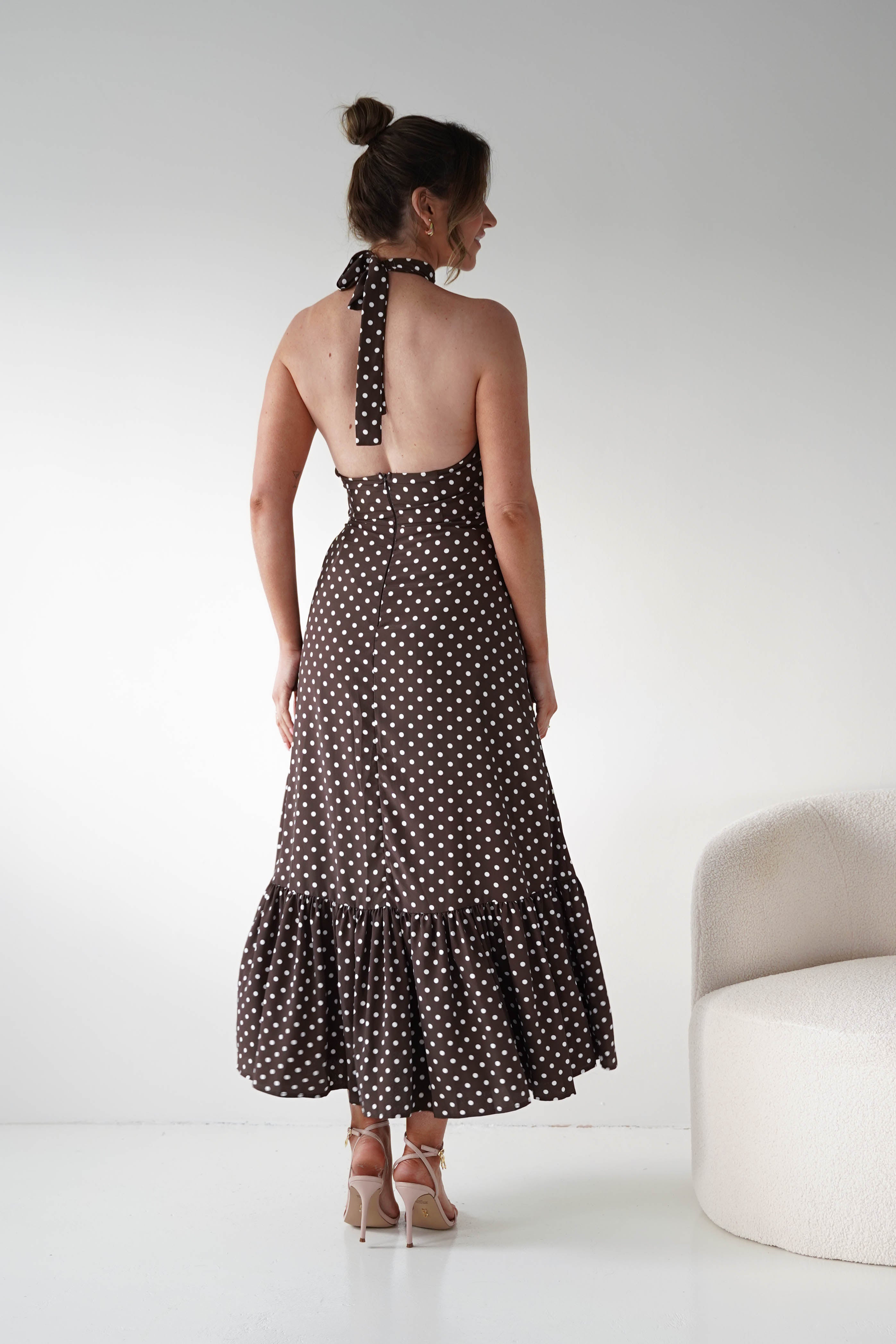 Oh Hello Clothing Women > Clothing > Dresses 1*DONE -INDIKAH-CM6717J-Brown Polka Dot Halter Neck Midi Dress