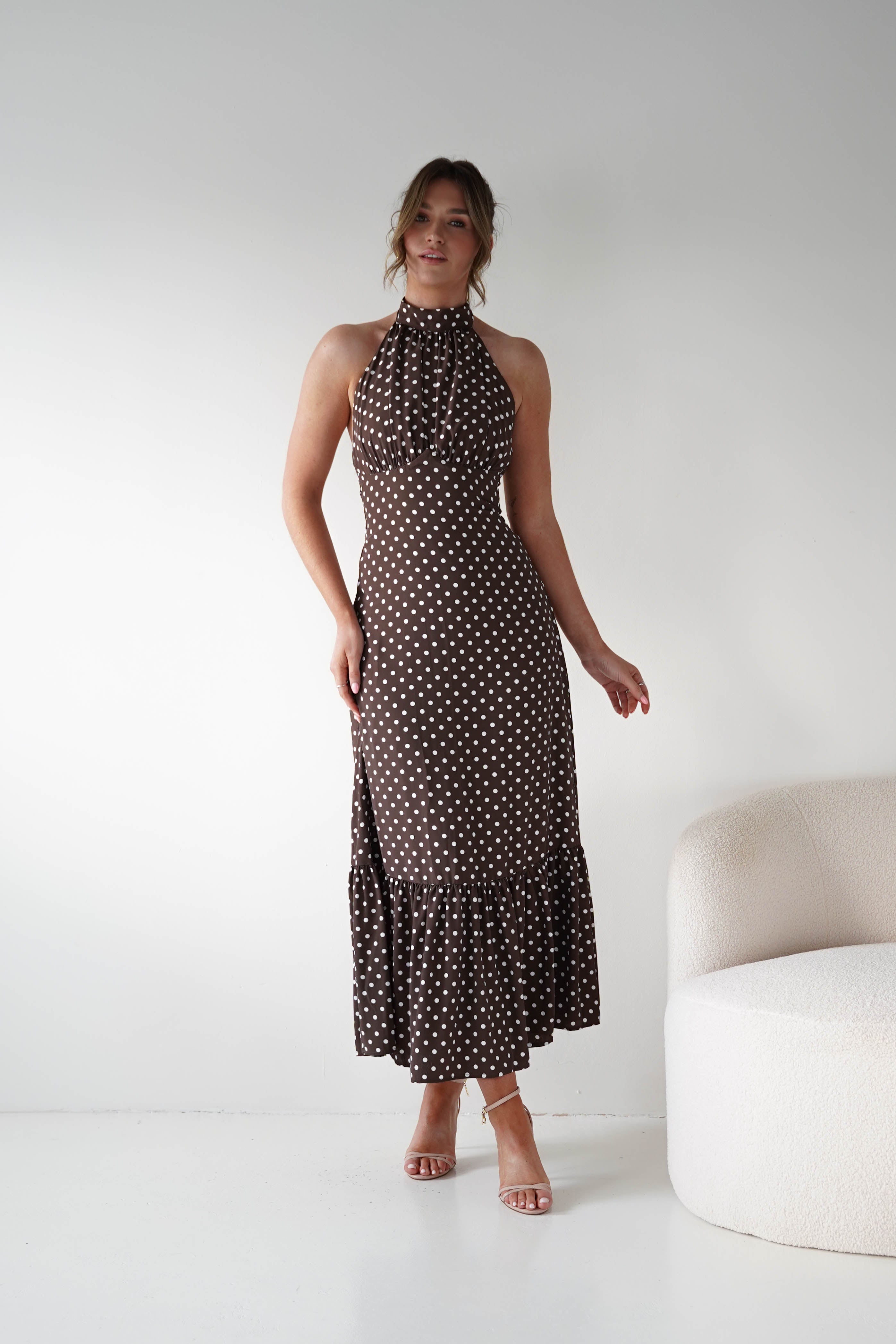 Oh Hello Clothing Women > Clothing > Dresses 1*DONE -INDIKAH-CM6717J-Brown Polka Dot Halter Neck Midi Dress
