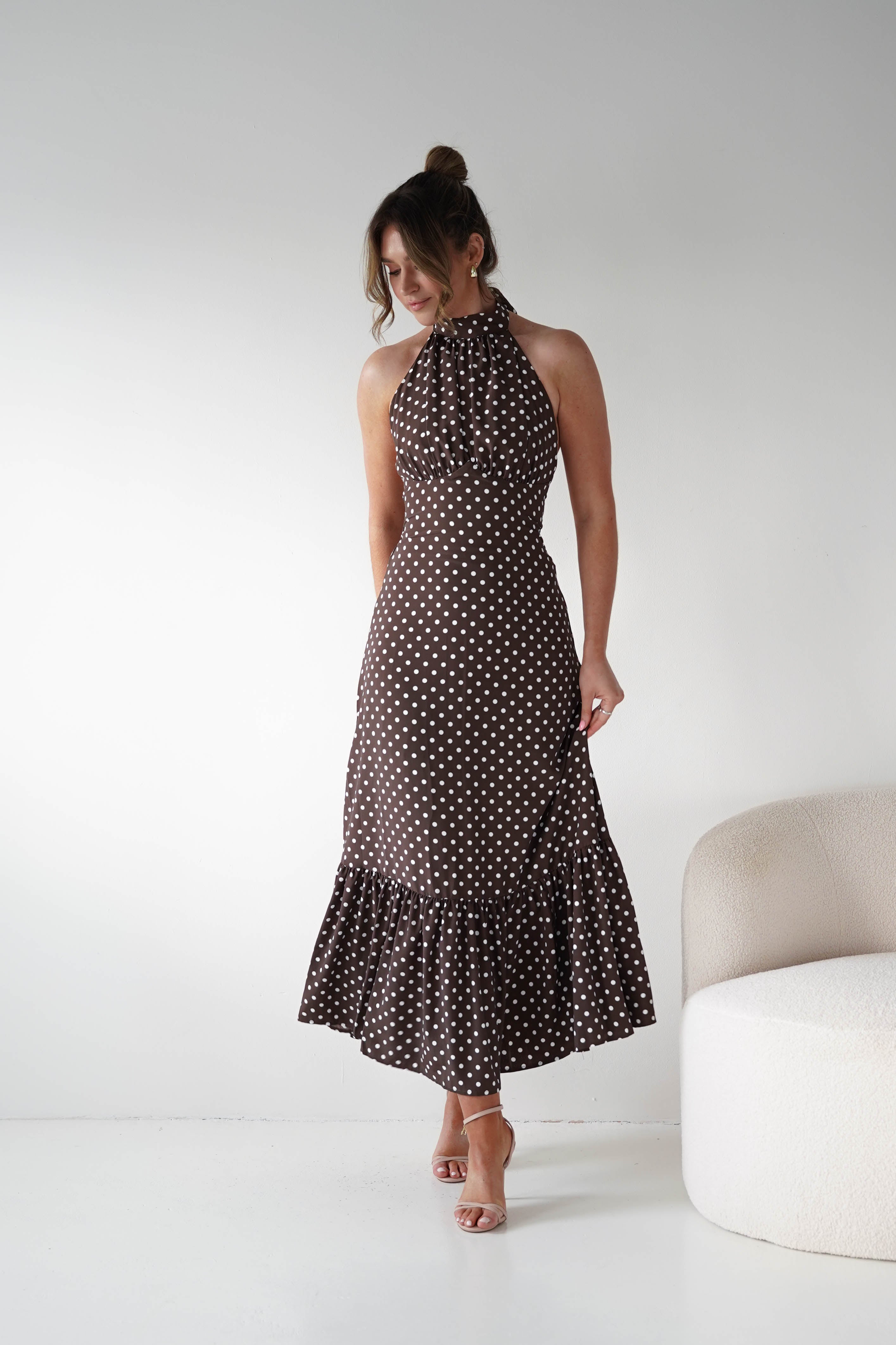 Oh Hello Clothing Women > Clothing > Dresses 1*DONE -INDIKAH-CM6717J-Brown Polka Dot Halter Neck Midi Dress