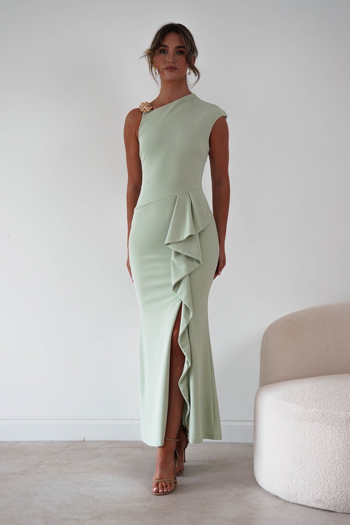 Oh Hello Clothing Women > Clothing > Dresses 1*DONE*-INDIKAH-HRTO139D-Pistachio Floral Appliqué Ruffle Maxi Dress