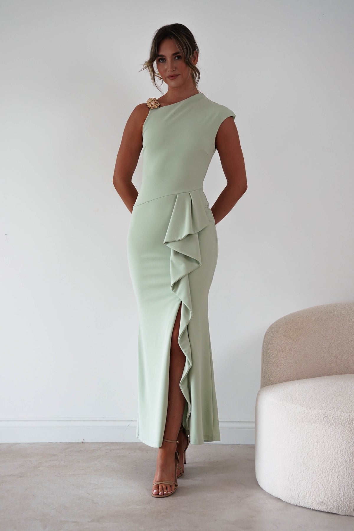 Oh Hello Clothing Women > Clothing > Dresses 1*DONE*-INDIKAH-HRTO139D-Pistachio Floral Appliqué Ruffle Maxi Dress
