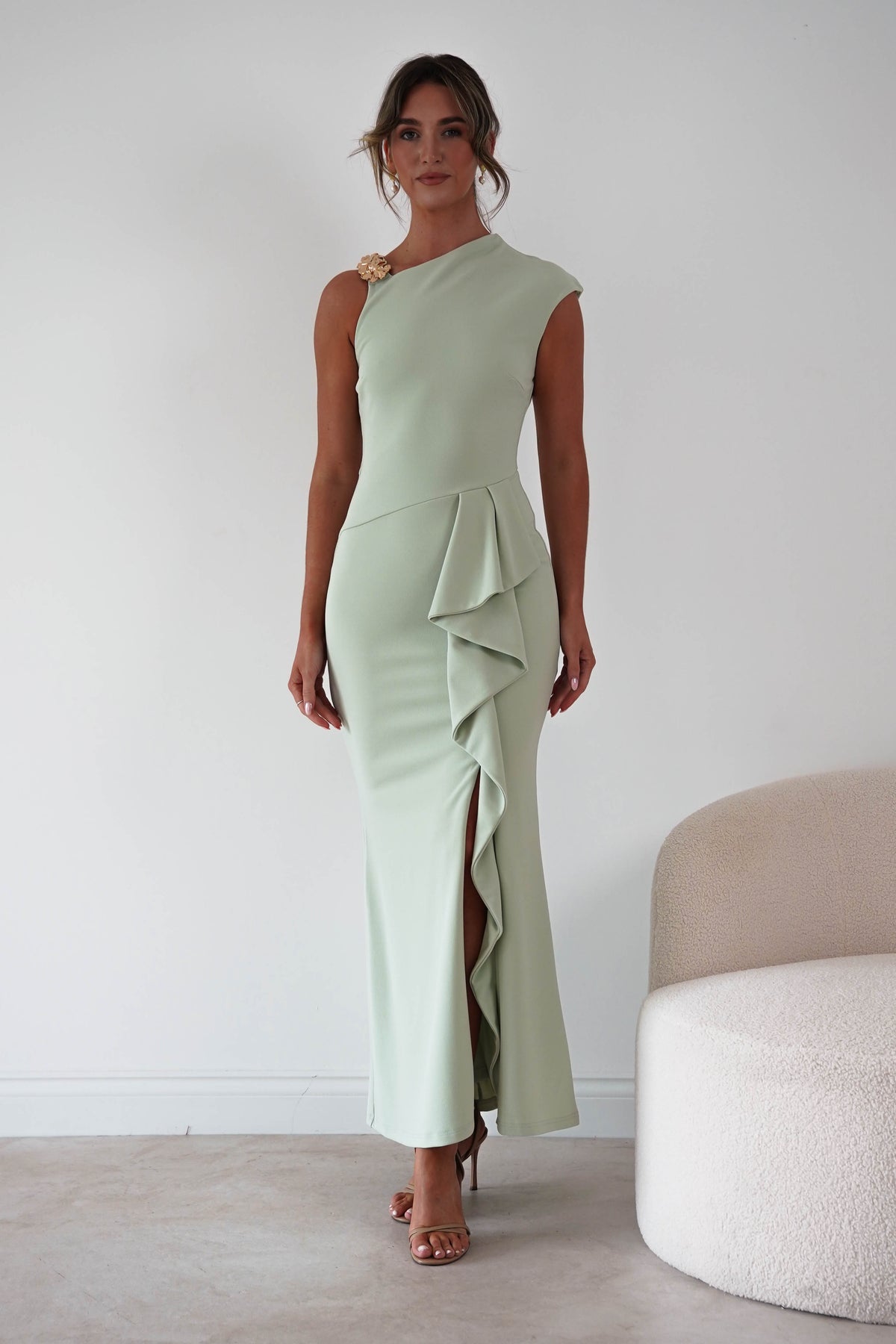 Oh Hello Clothing Women > Clothing > Dresses 1*DONE*-INDIKAH-HRTO139D-Pistachio Floral Appliqué Ruffle Maxi Dress