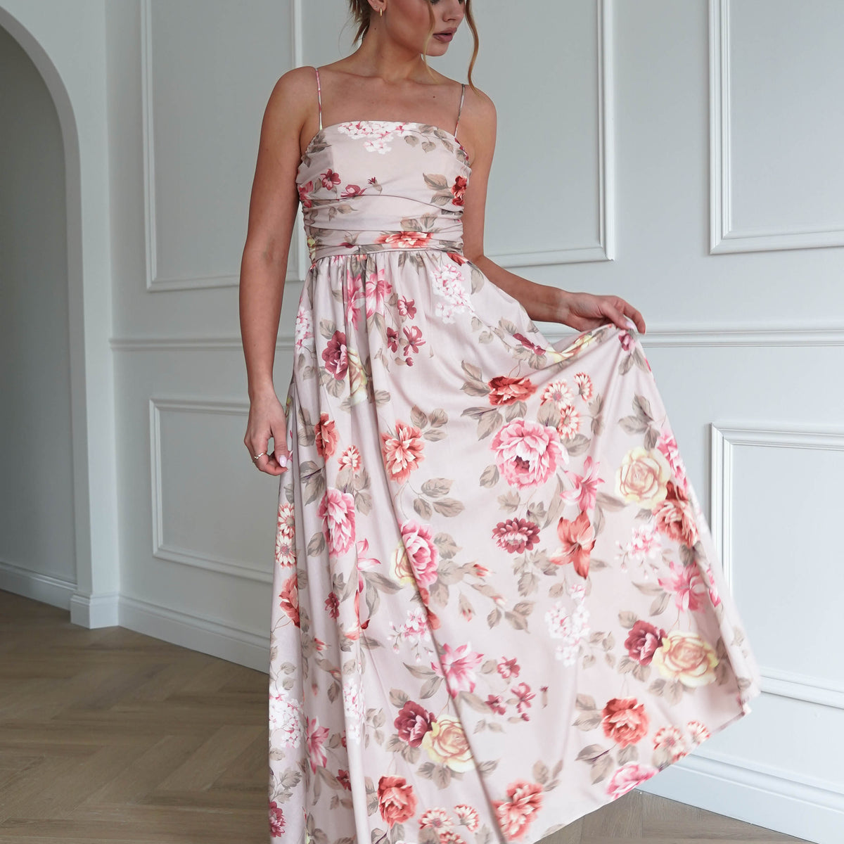 silk ruched midi dress Hallie Floral Ruched Midi Dress