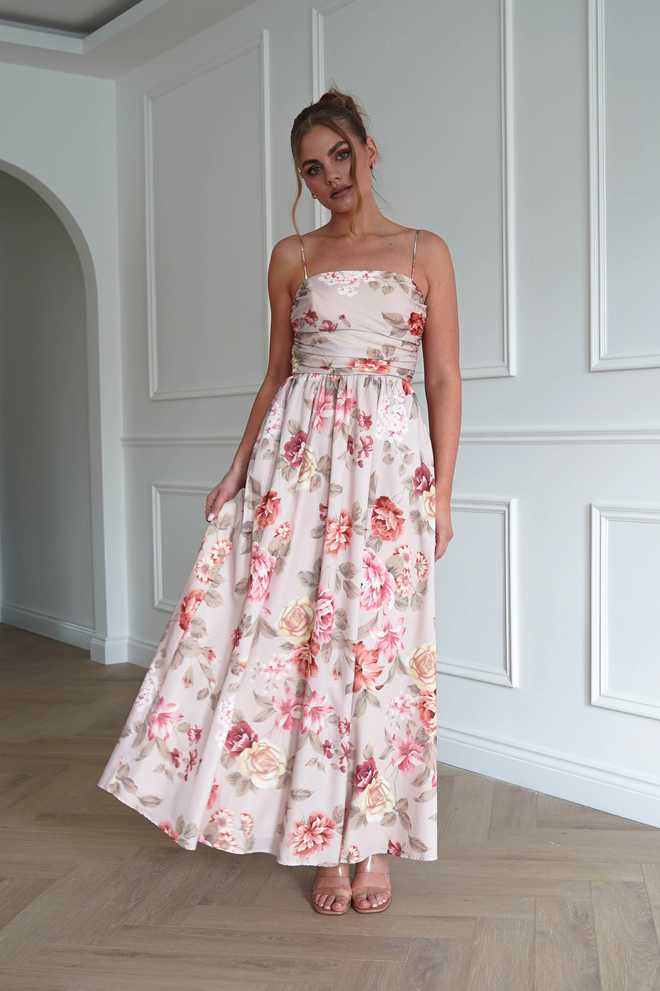 Oh Hello Clothing Dresses > Prom Dresses 1*DONE-INIDKAH-BR0498D- NUDE Floral Ruched Midi Dress