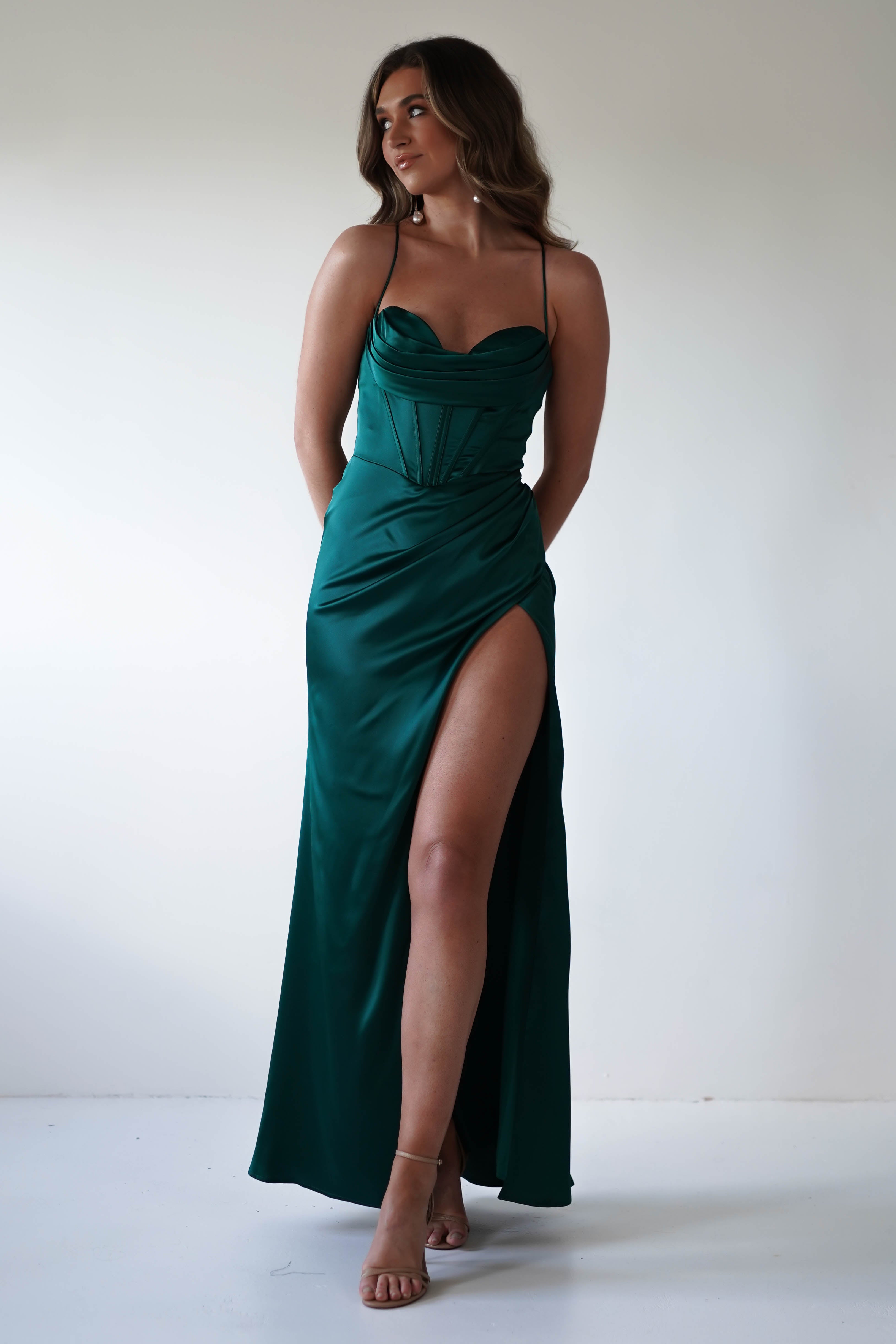 Julianne Corset Satin Gown | Emerald Green - Oh Hello Clothing