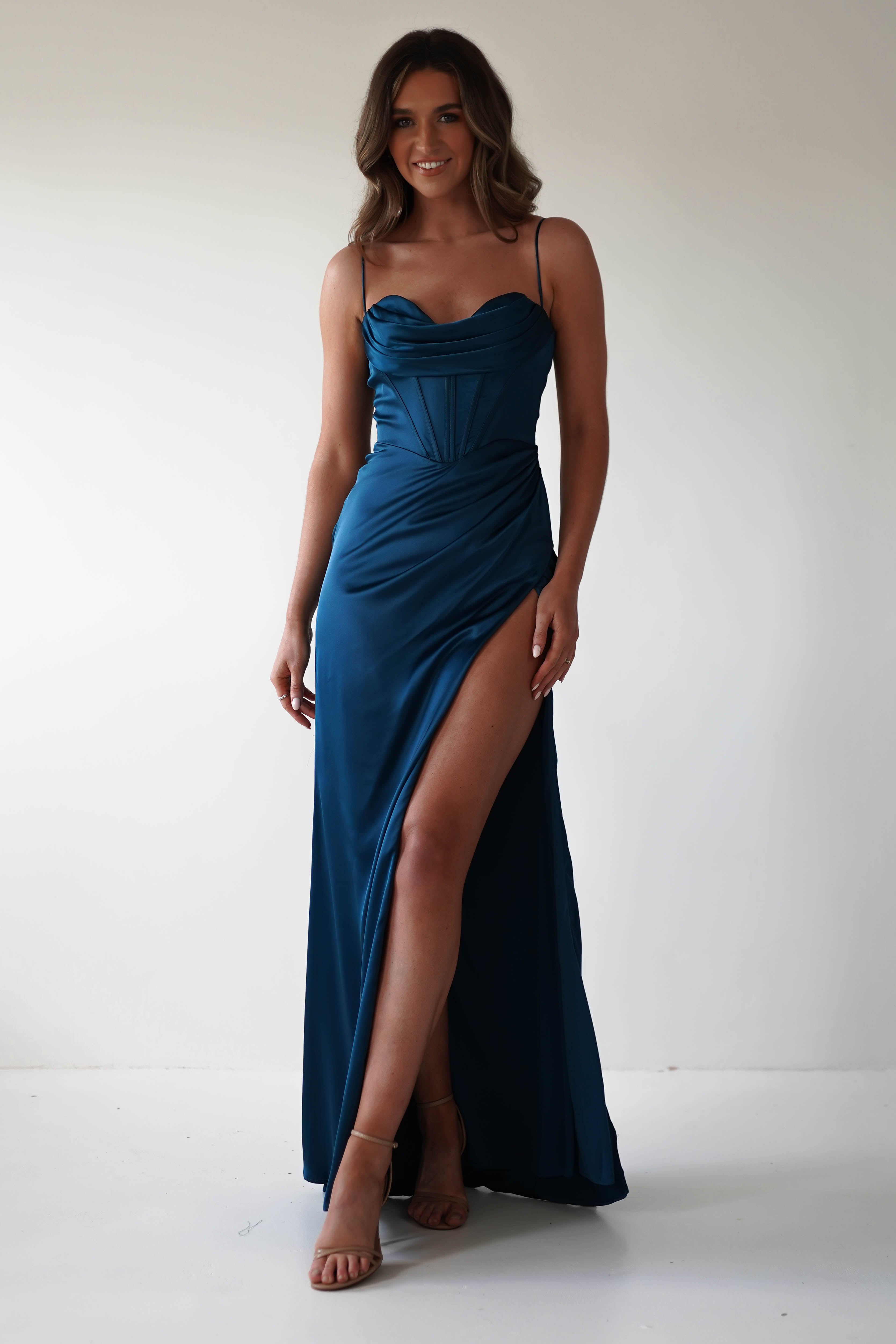 Julianne Corset Satin Gown | French Navy - Oh Hello Clothing