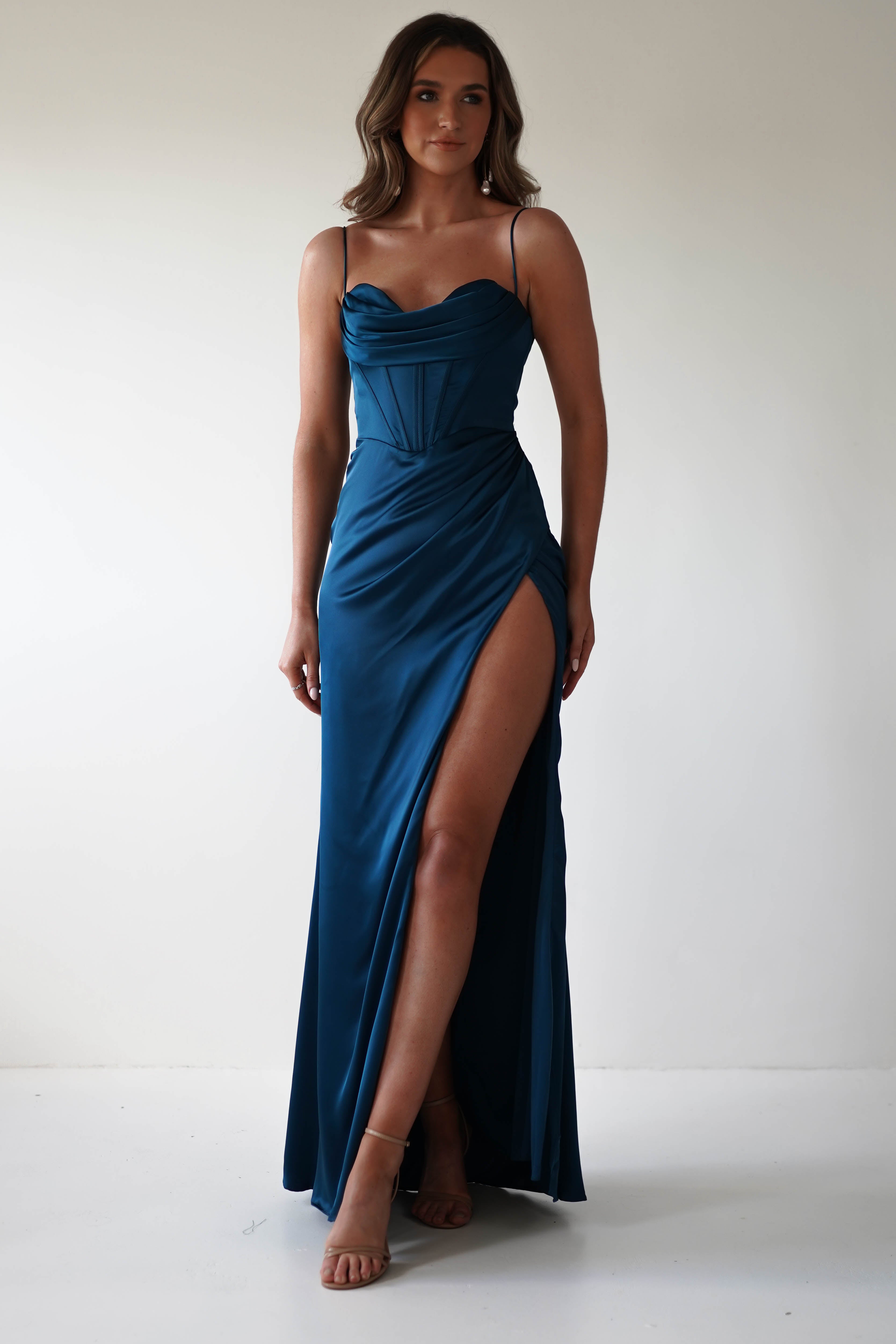 Julianne Corset Satin Gown | French Navy - Oh Hello Clothing