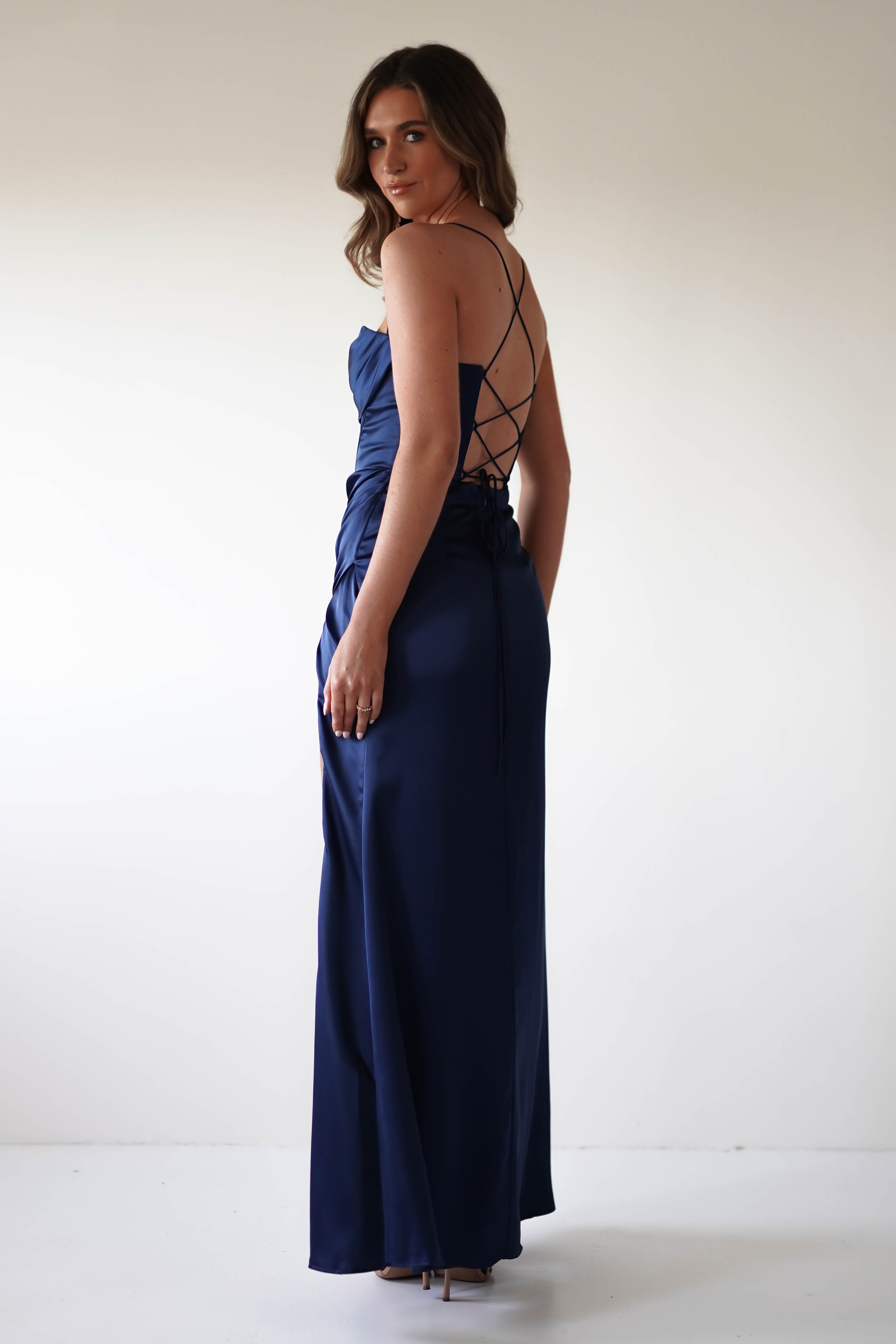 Julianne Corset Satin Gown | Navy - Oh Hello Clothing