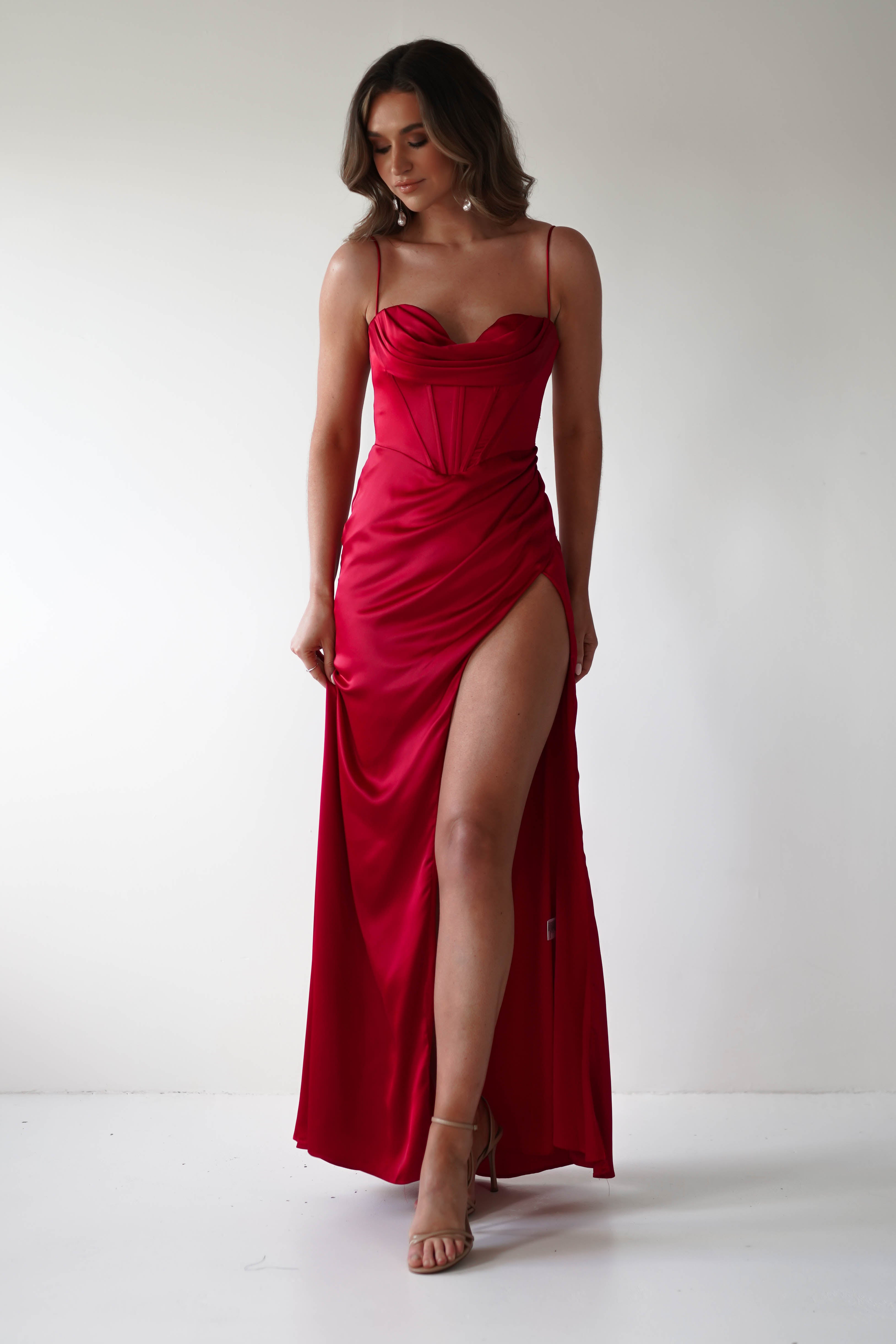 Julianne Corset Satin Gown | Red - Oh Hello Clothing