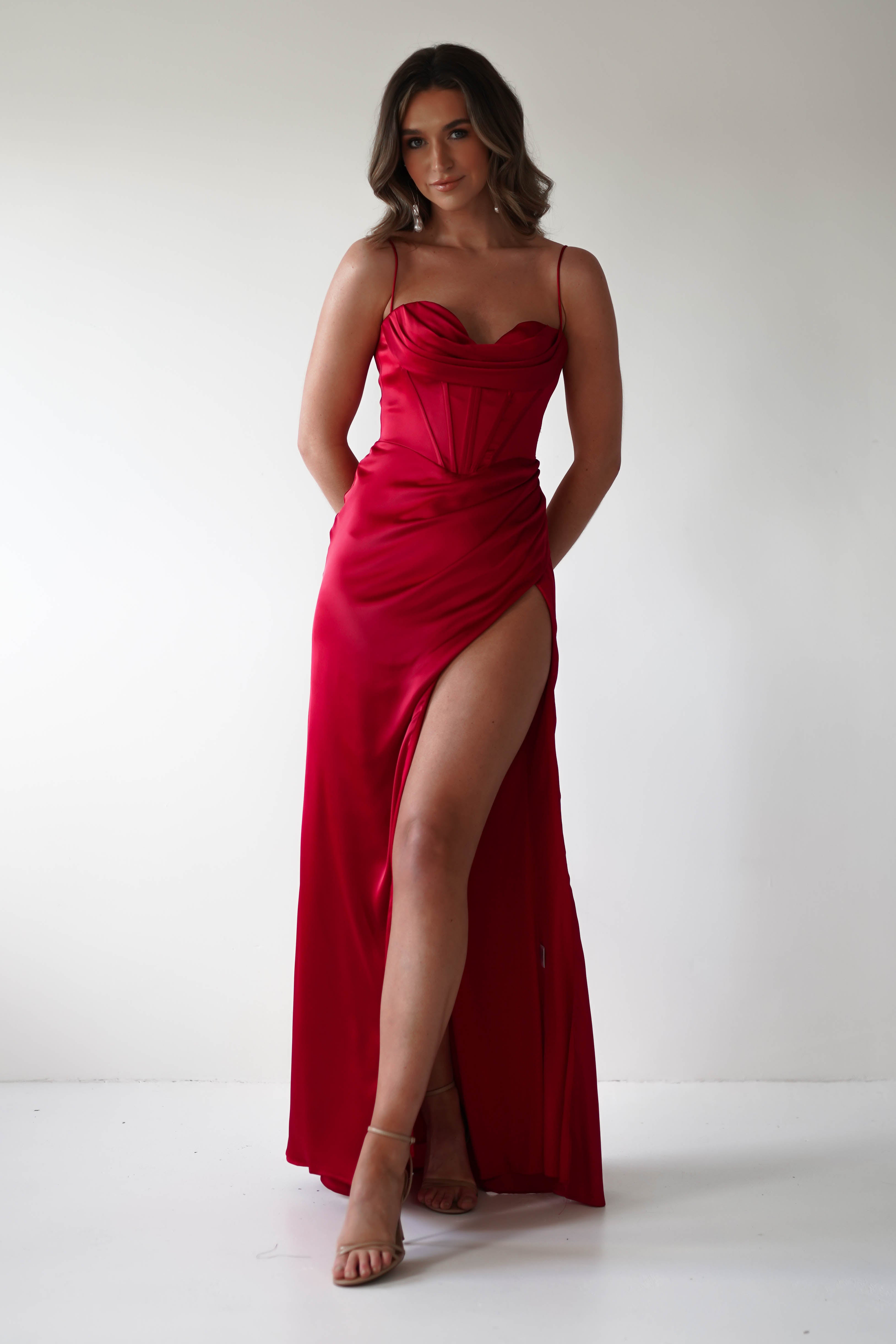 Julianne Corset Satin Gown | Red - Oh Hello Clothing