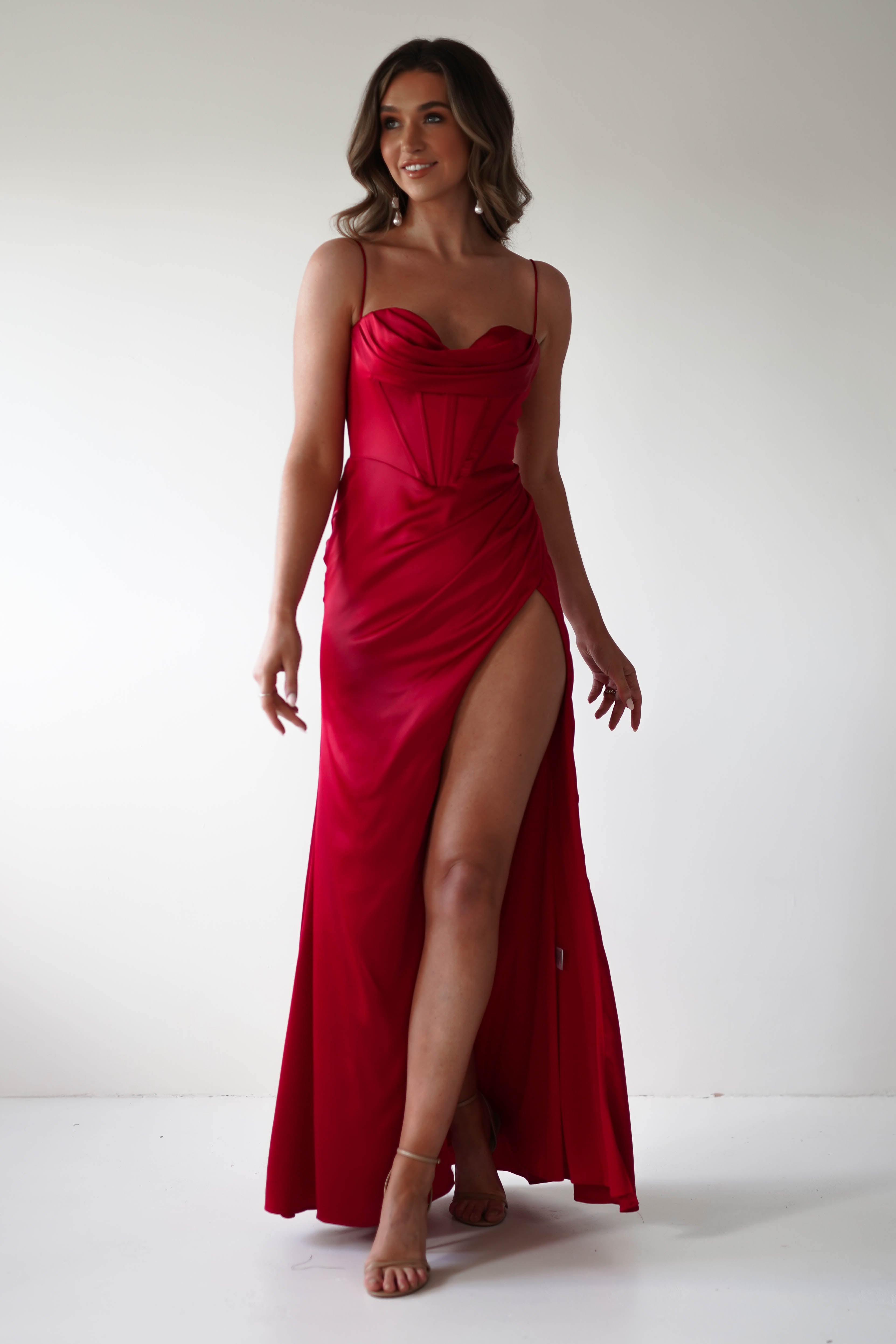 Julianne Corset Satin Gown | Red - Oh Hello Clothing