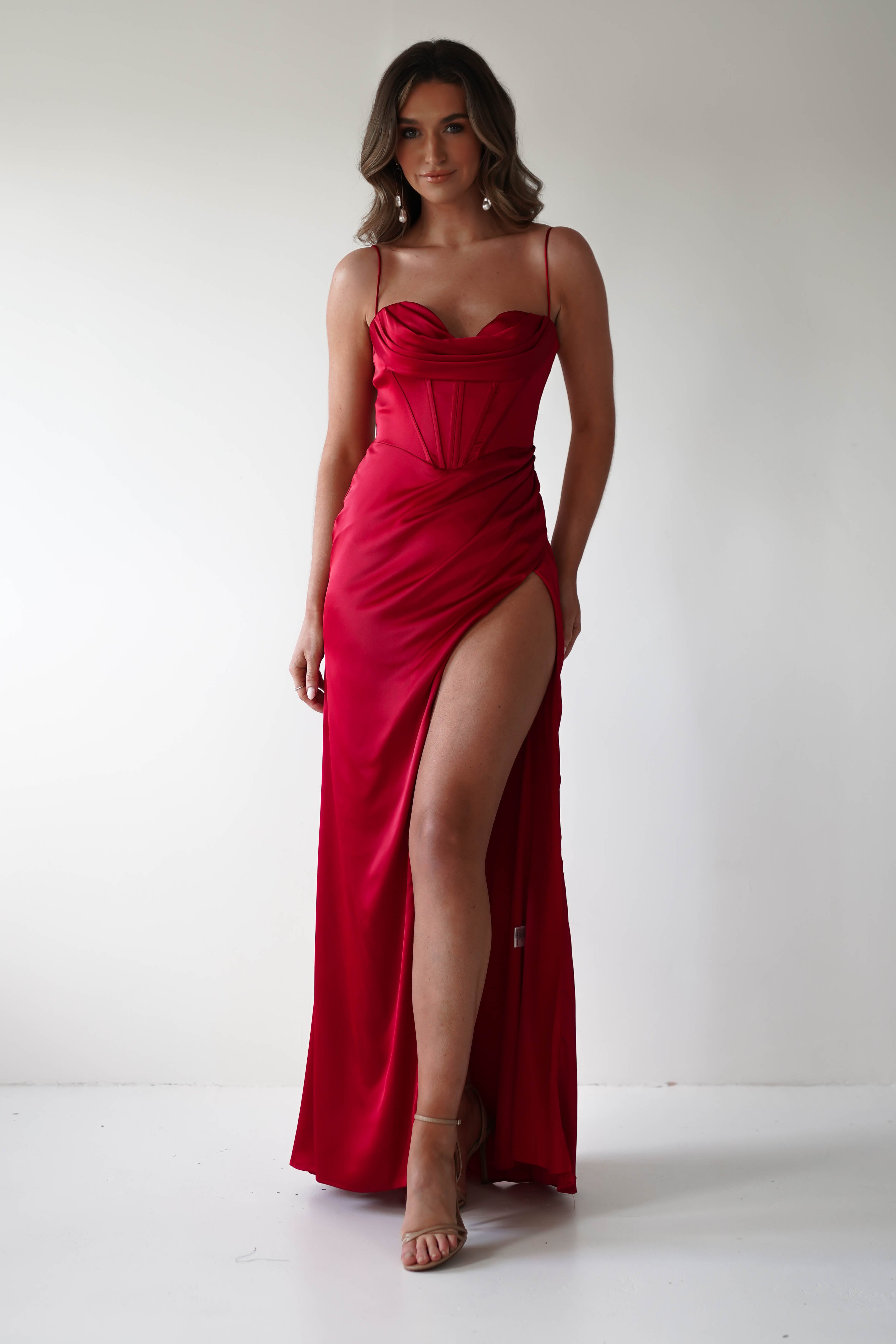 Julianne Corset Satin Gown | Red - Oh Hello Clothing