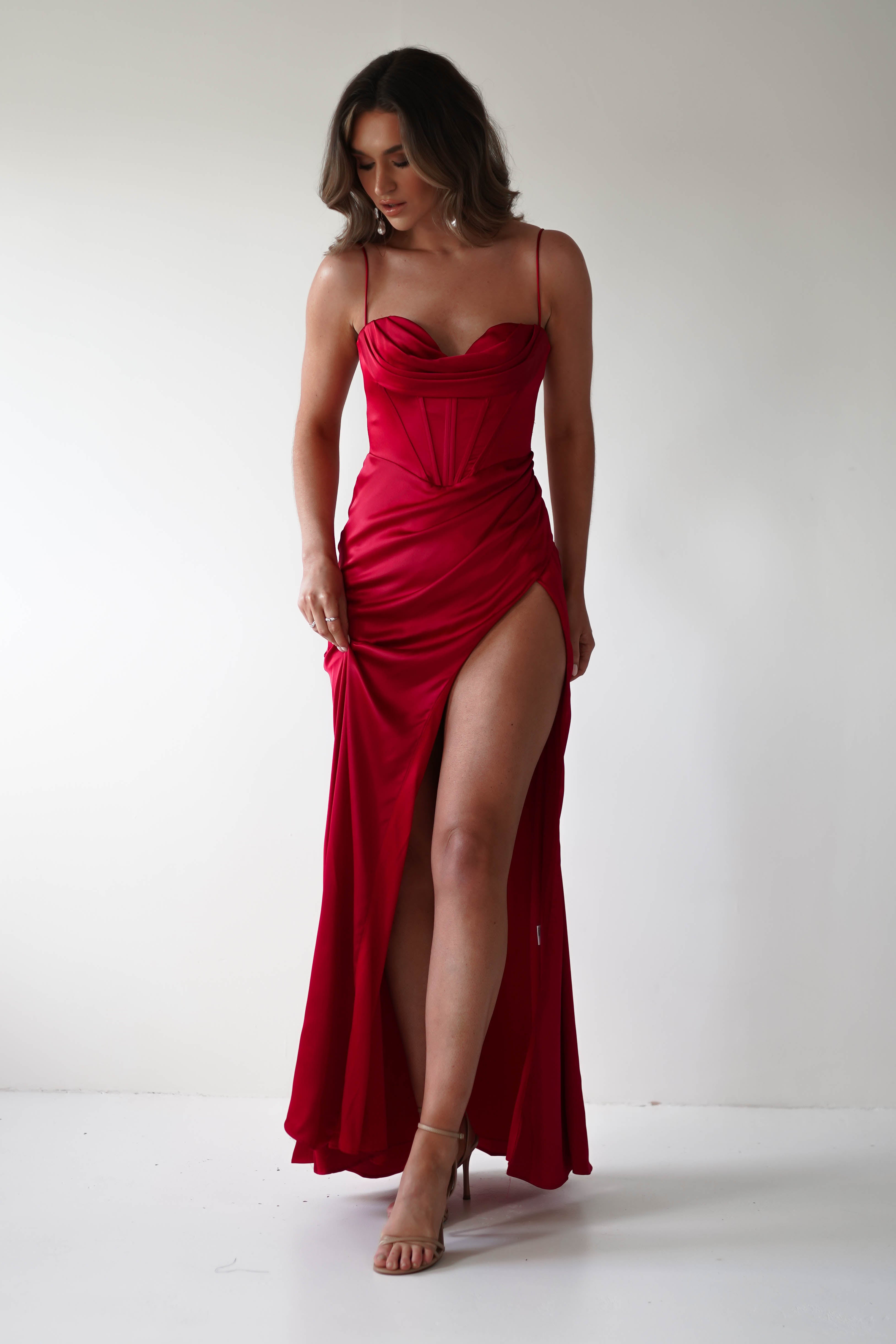 Julianne Corset Satin Gown | Red - Oh Hello Clothing