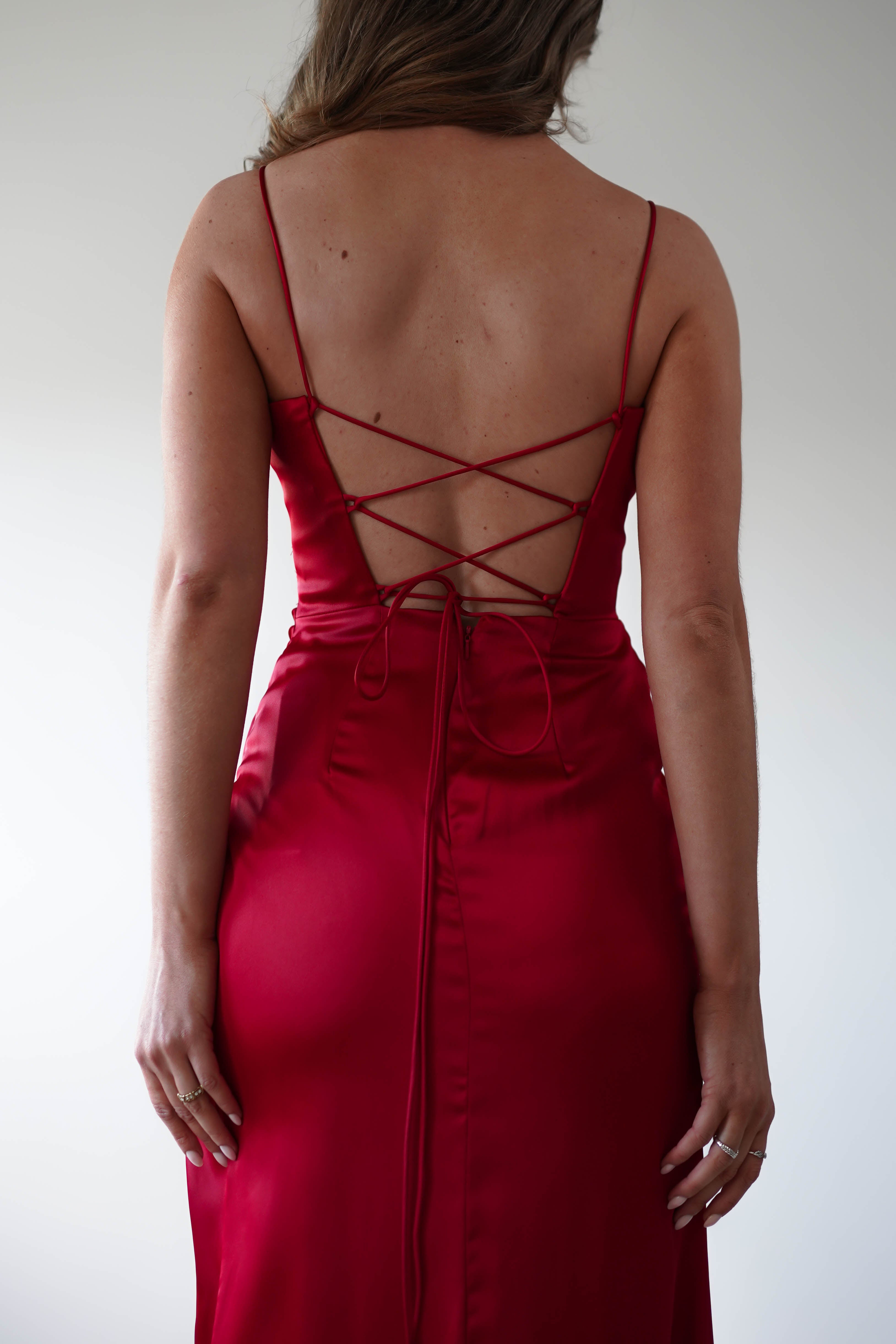 Julianne Corset Satin Gown | Red - Oh Hello Clothing