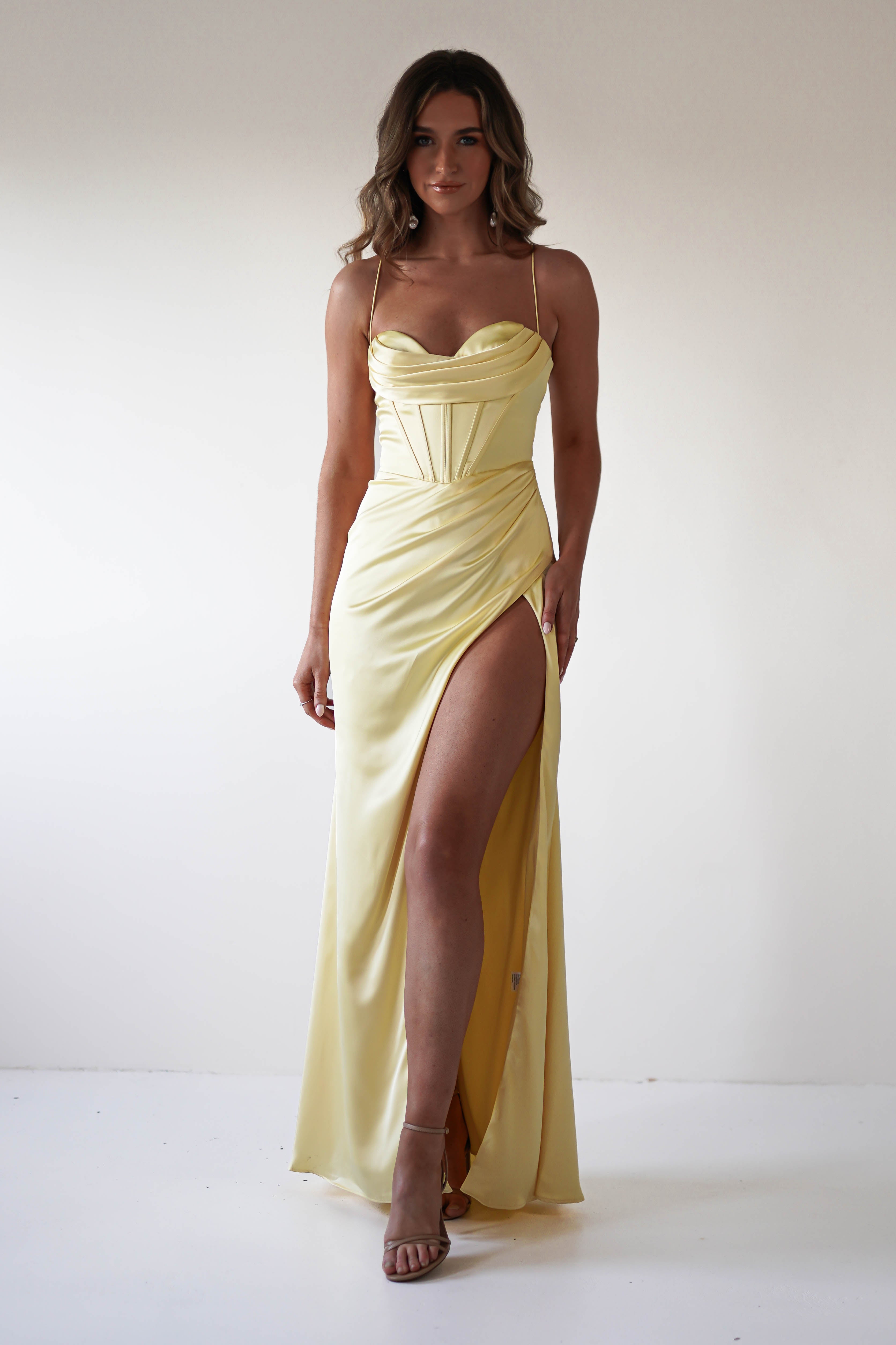 Julianne Corset Satin Gown | Yellow - Oh Hello Clothing