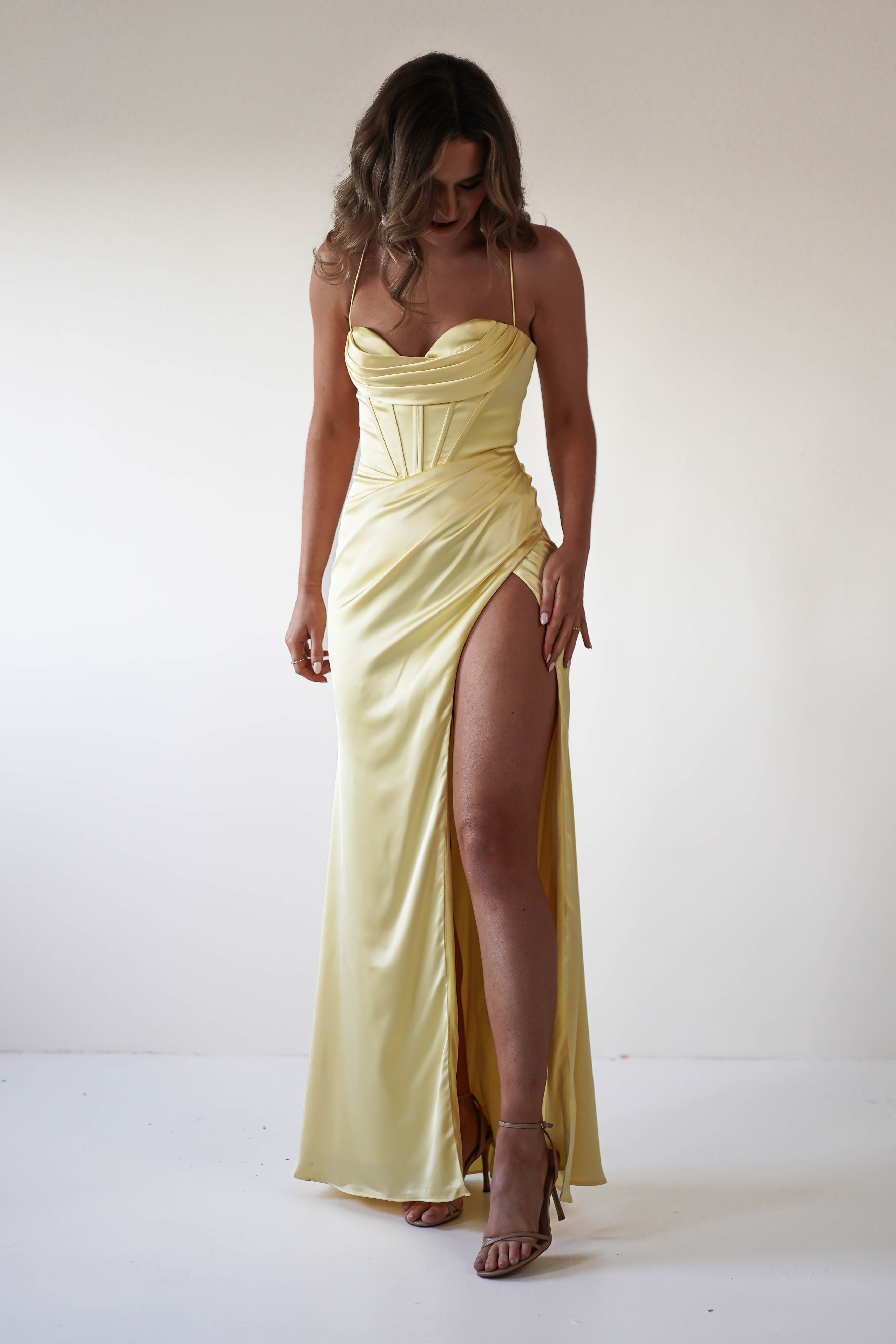 Julianne Corset Satin Gown | Yellow - Oh Hello Clothing