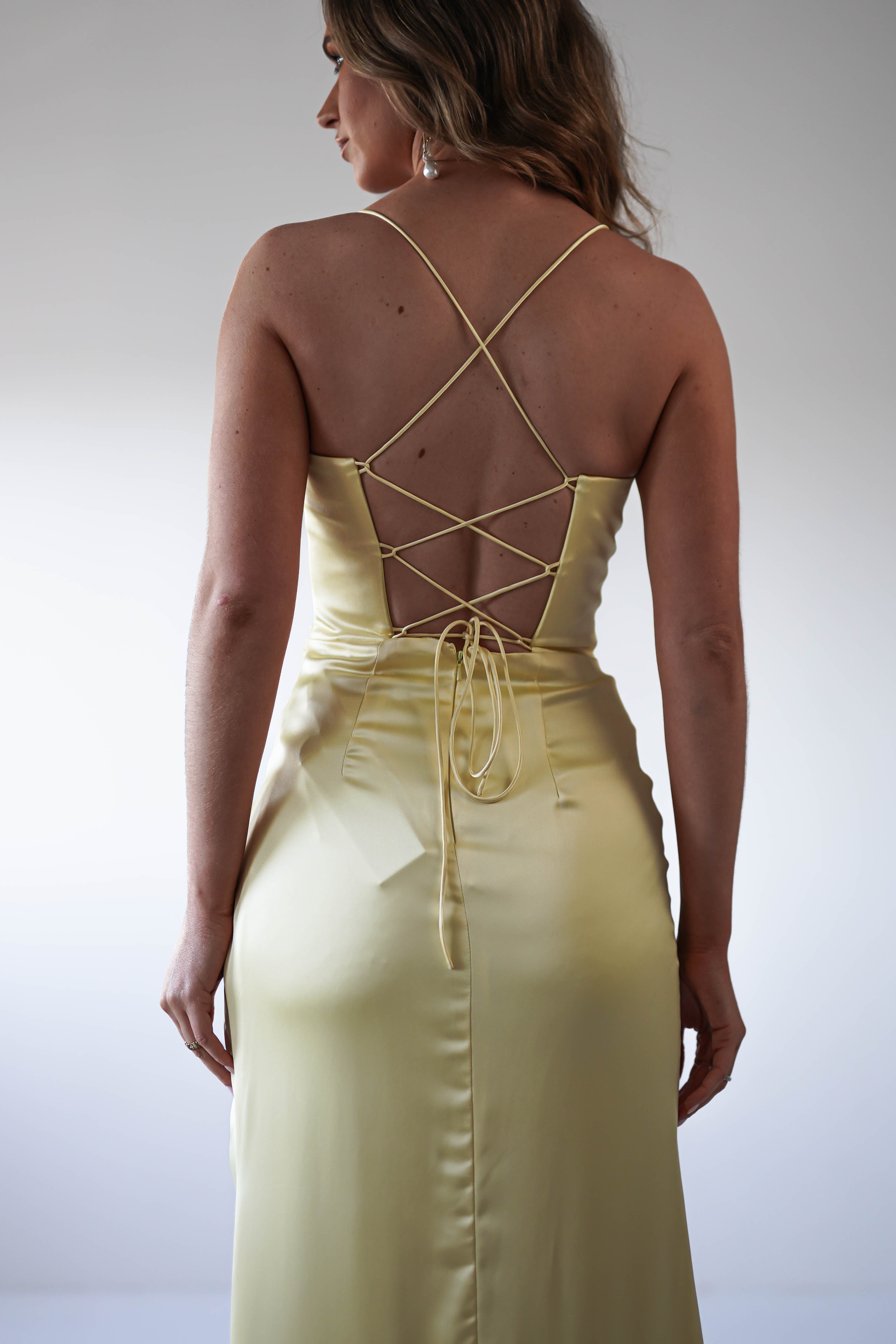 Julianne Corset Satin Gown | Yellow - Oh Hello Clothing