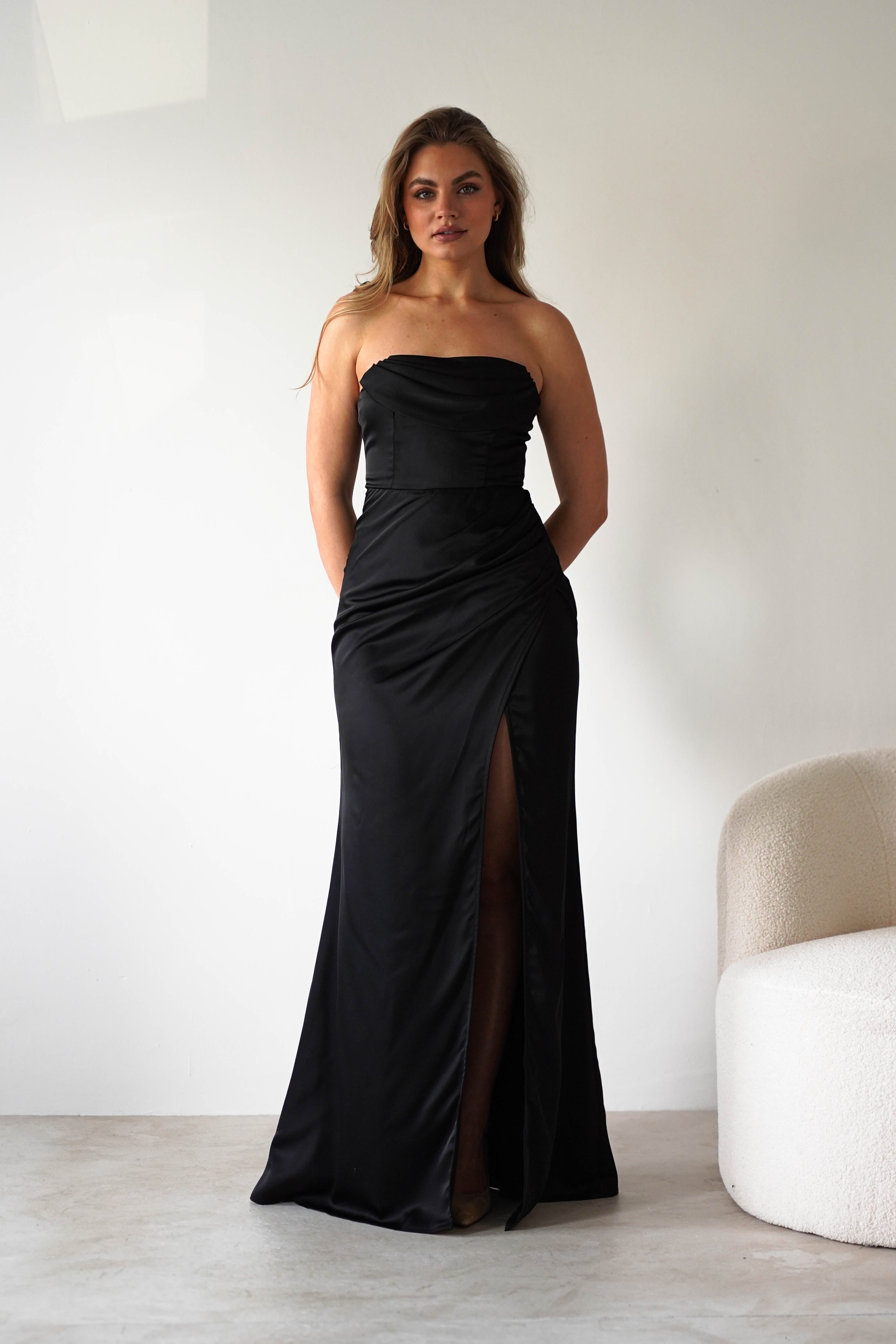 Alyce Soft Satin Strapless Gown | Black | Oh Hello Clothing | XS (6)