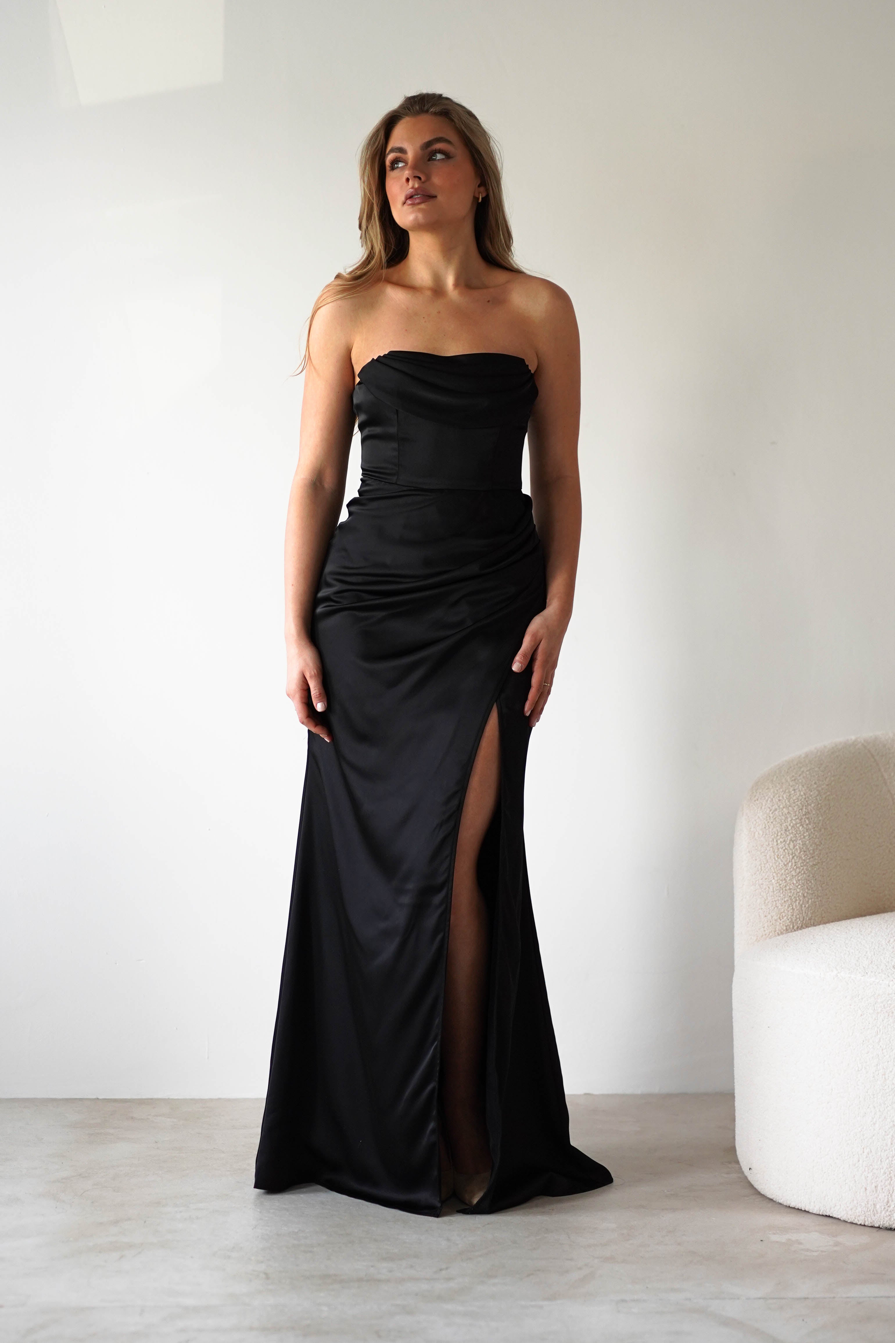 Alyce Soft Satin Strapless Gown | Black | Oh Hello Clothing | XS (6)