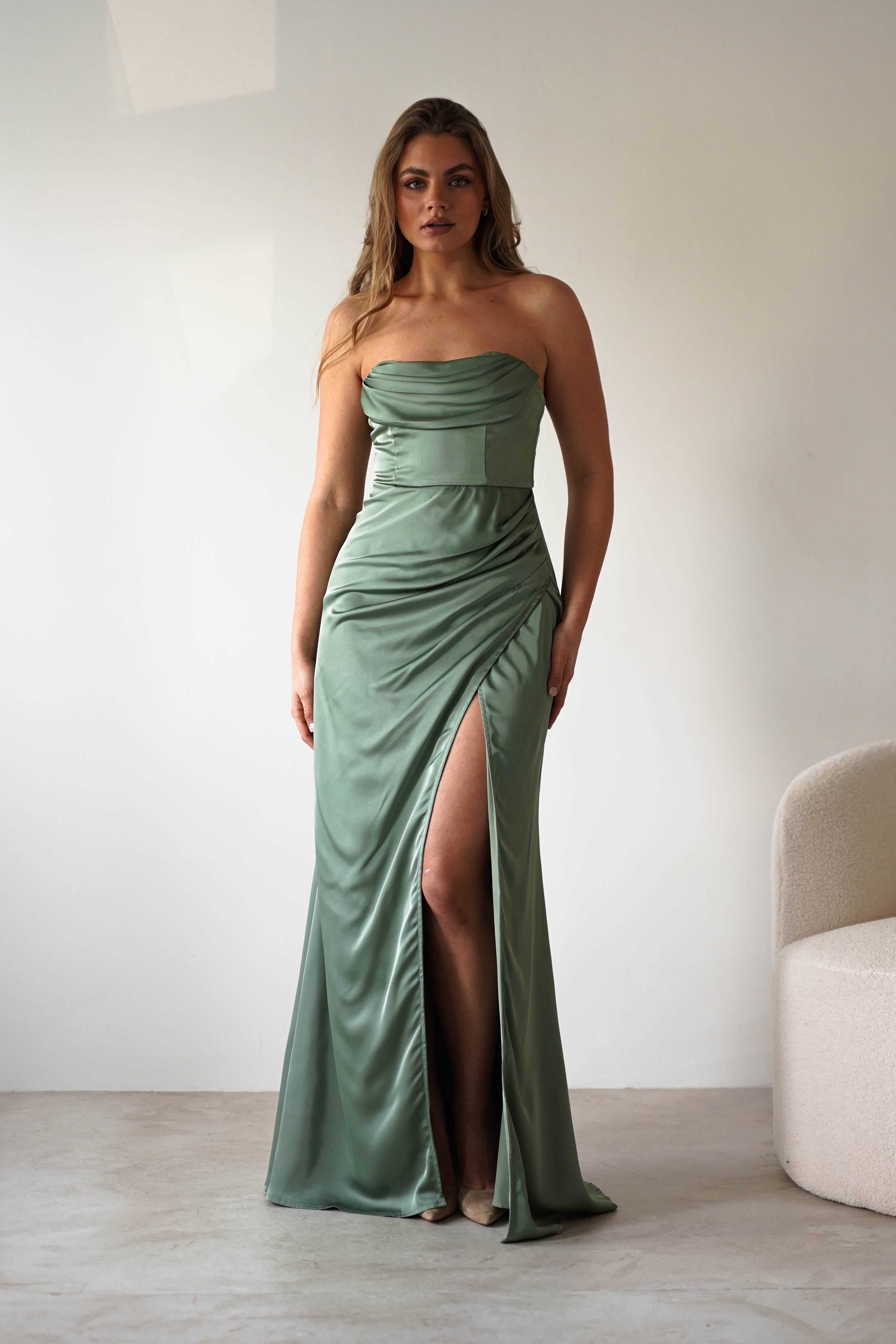 Alyce Soft Satin Strapless Gown | Olive | Oh Hello Clothing | XS (6)