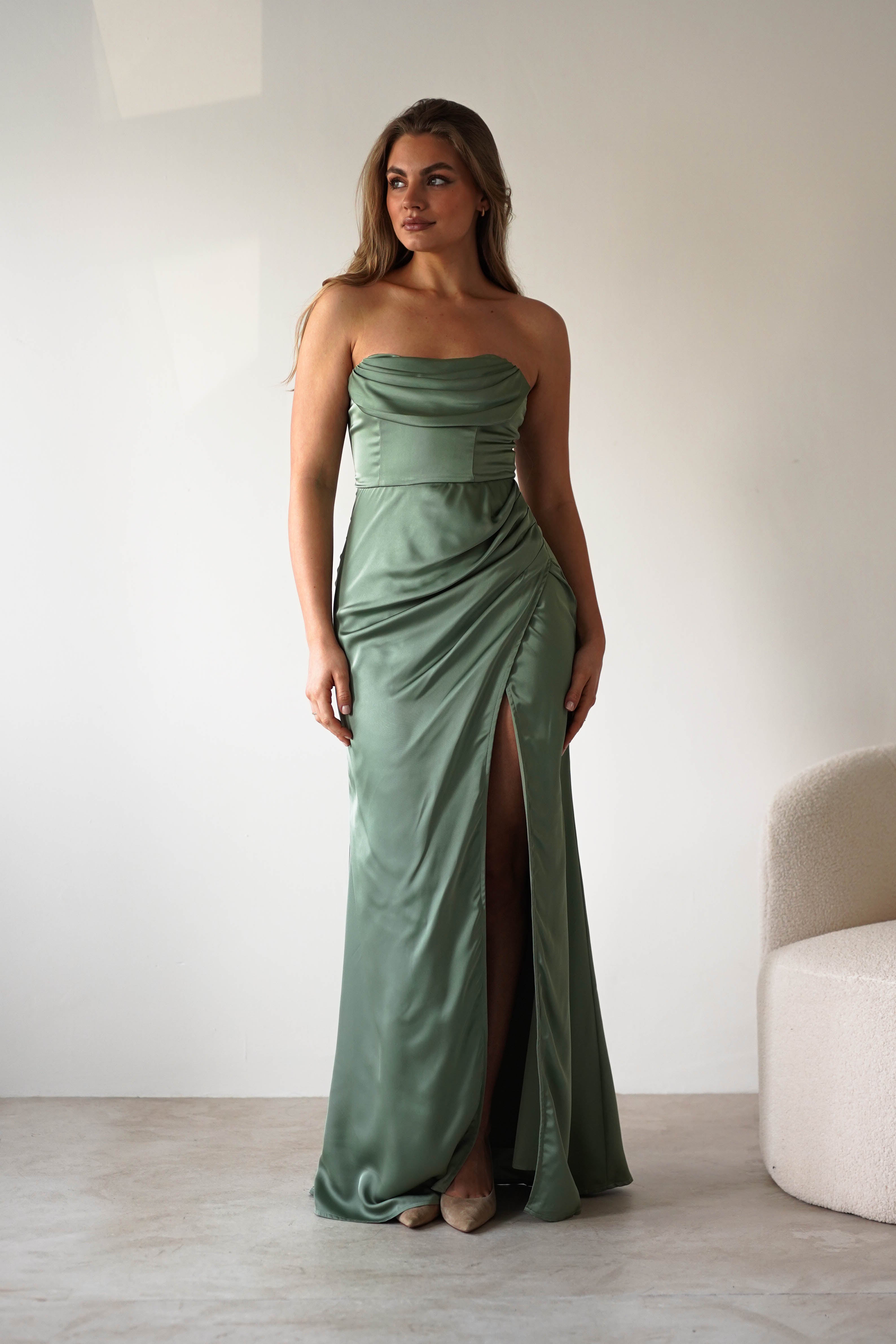 Alyce Soft Satin Strapless Gown | Olive | Oh Hello Clothing | XS (6)
