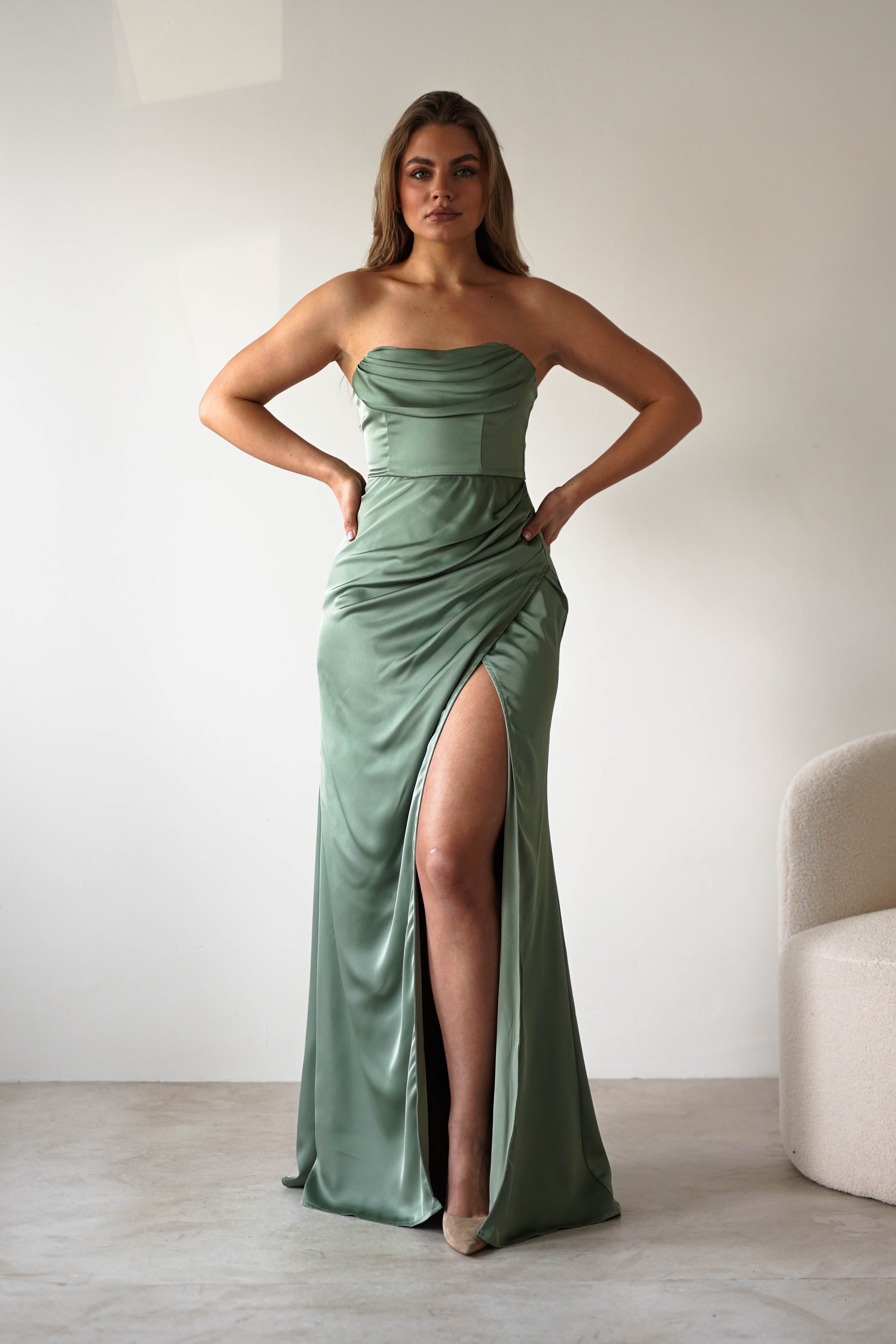 Alyce Soft Satin Strapless Gown | Olive | Oh Hello Clothing | XS (6)
