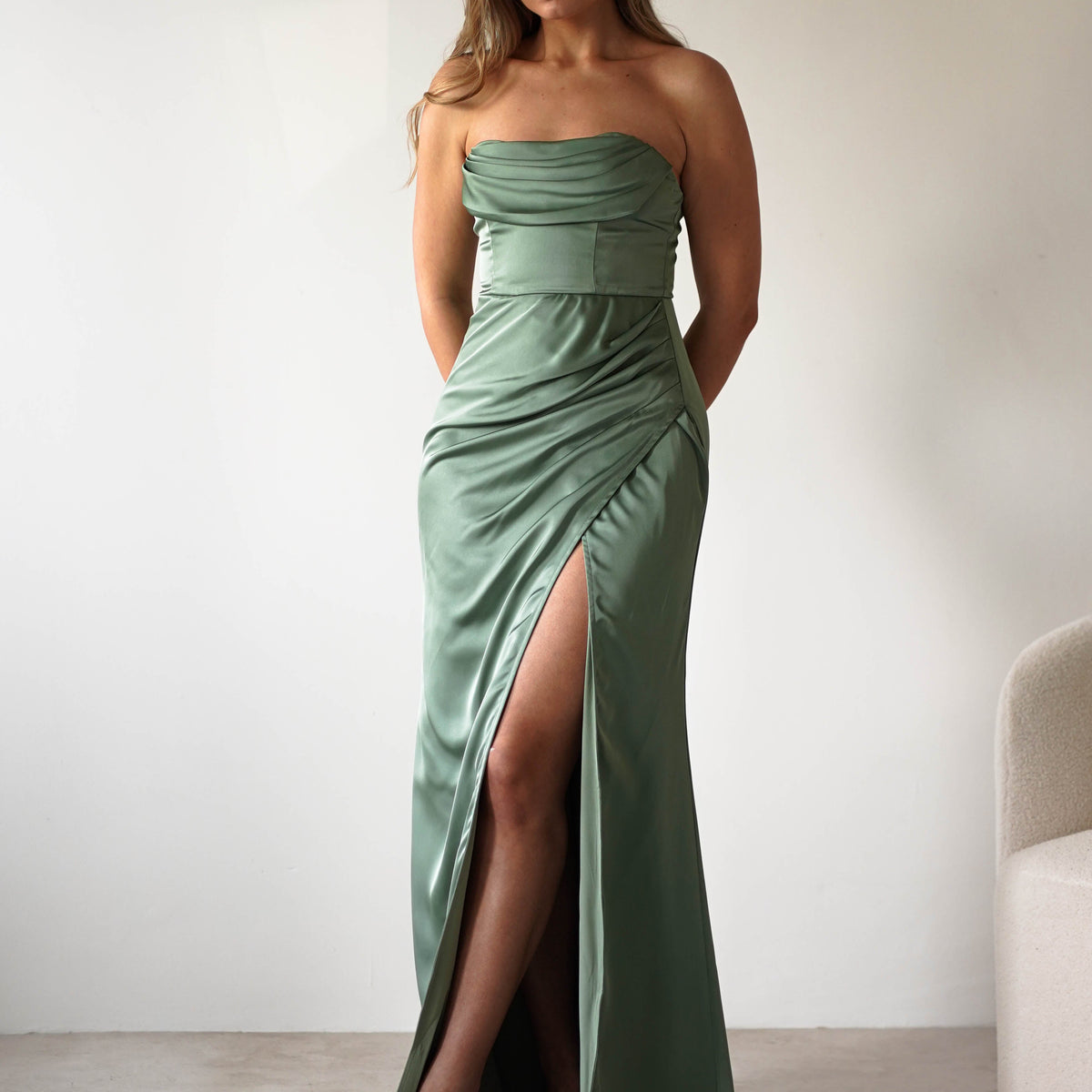 olive green strapless dress Zapakasa Women Prom Sheath Evening Dress with Split Front Acetate Satin Hemline Long Olive Green Strapless Dress