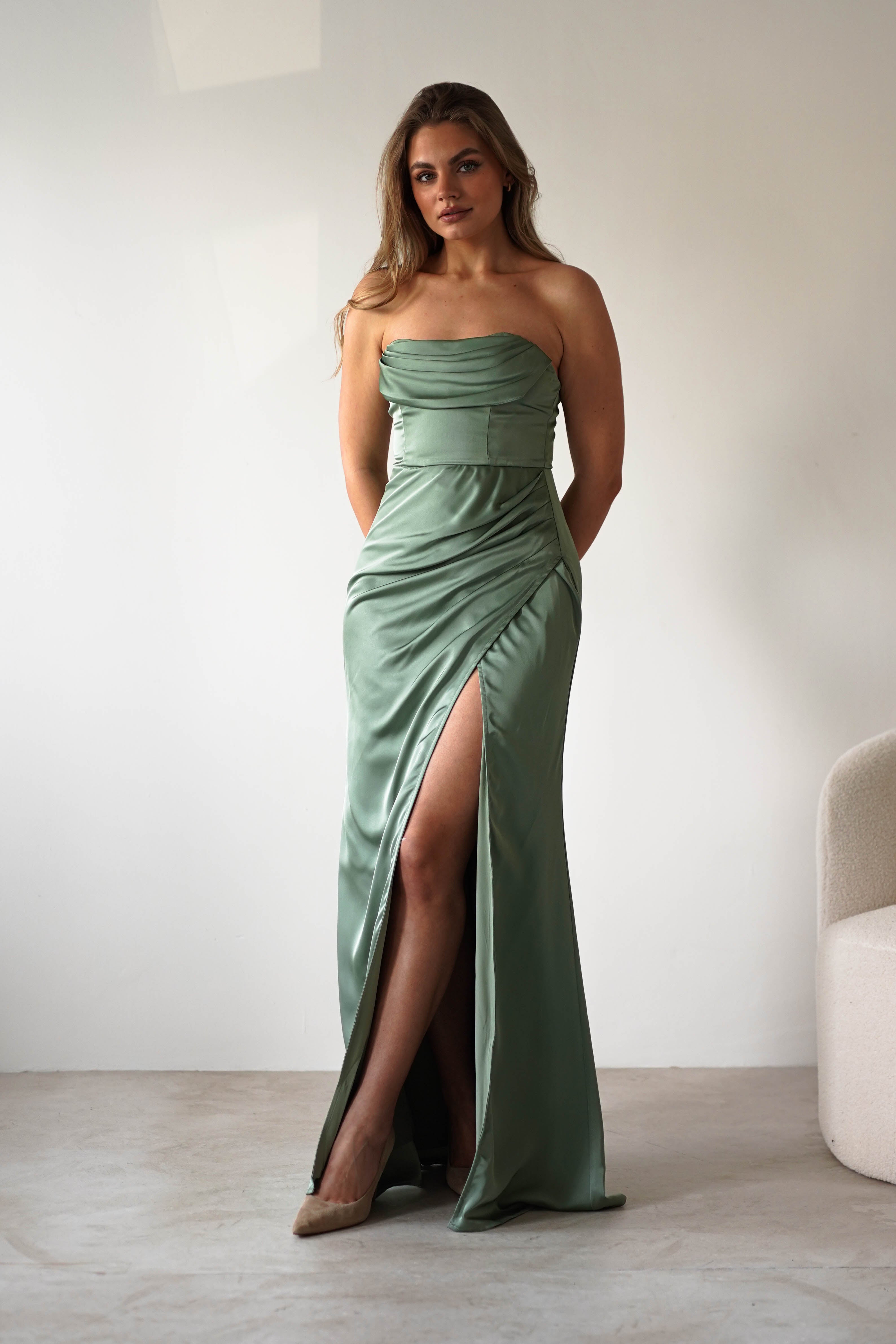 Alyce Soft Satin Strapless Gown | Olive | Oh Hello Clothing | XS (6)