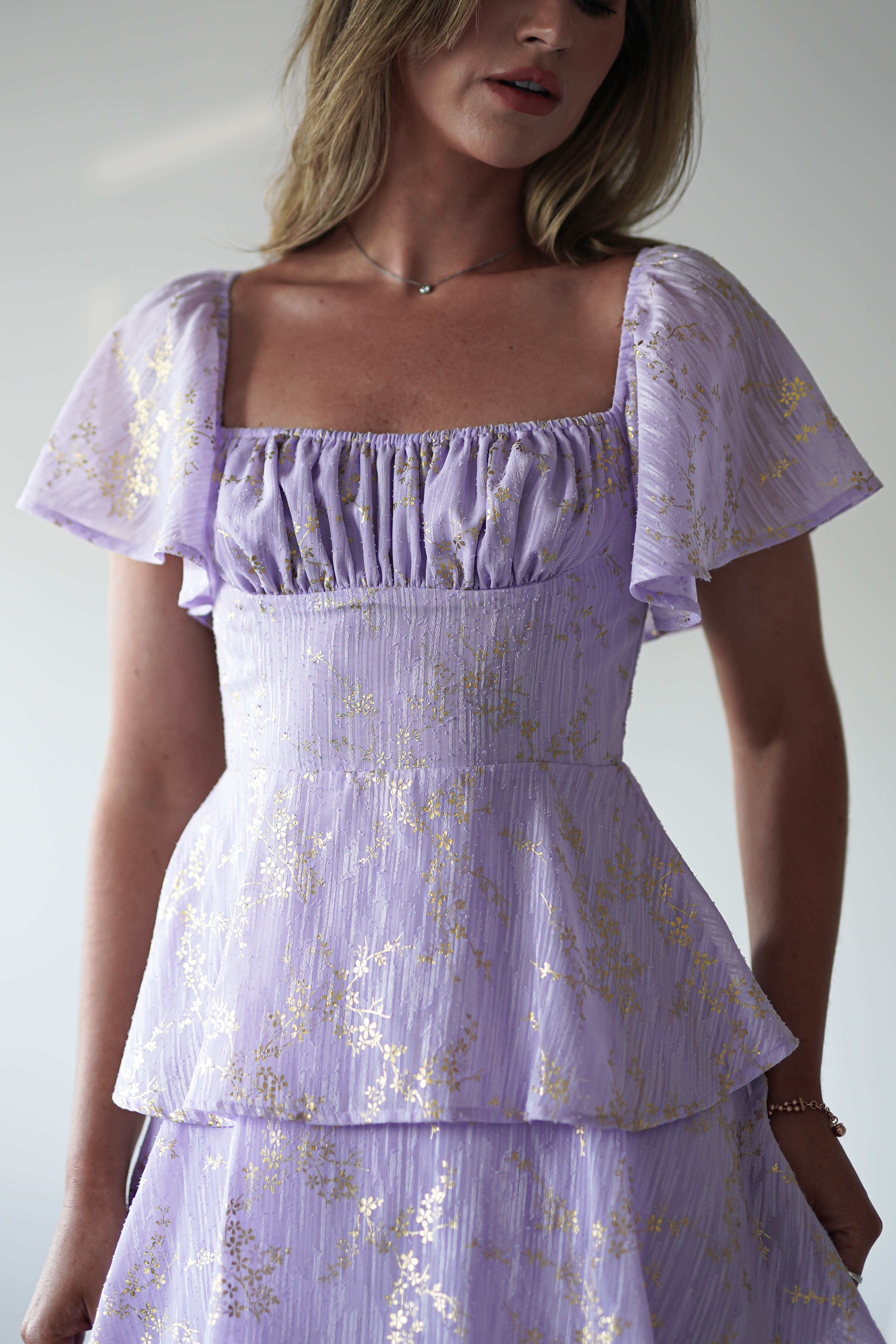 Mirielle Gold Detail Ruffle Maxi Dress | Lilac