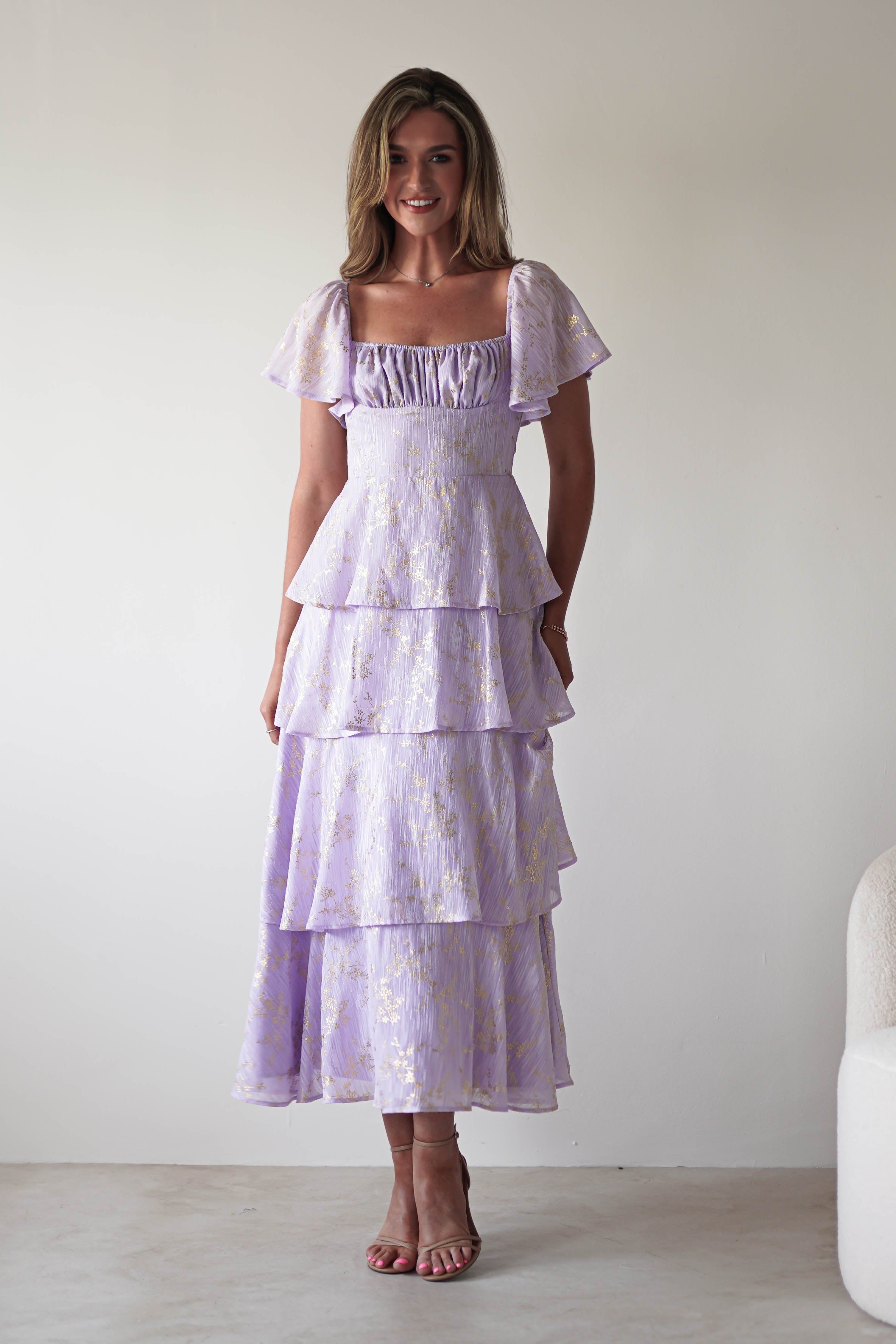 Mirielle Gold Detail Ruffle Maxi Dress | Lilac