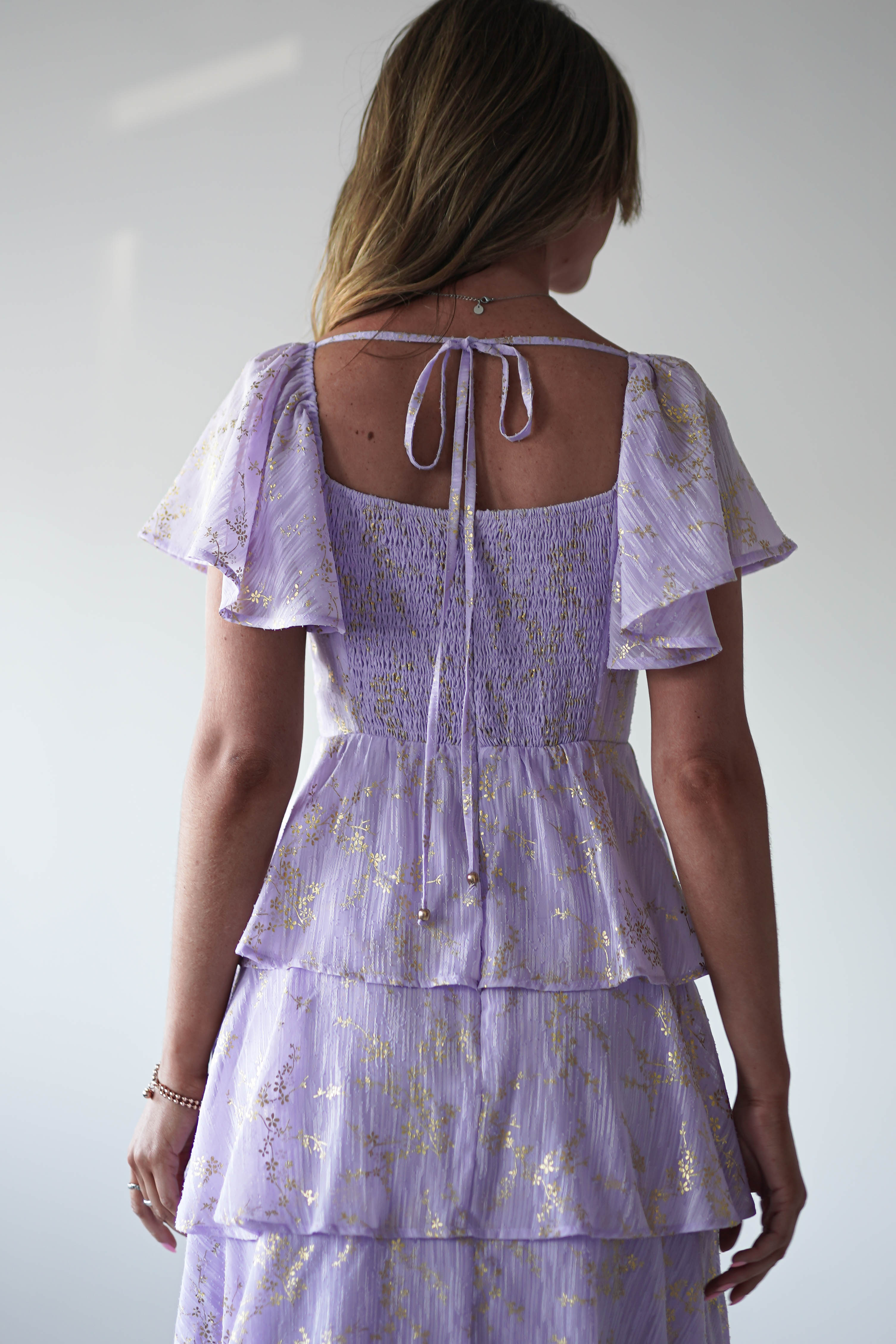 Mirielle Gold Detail Ruffle Maxi Dress | Lilac