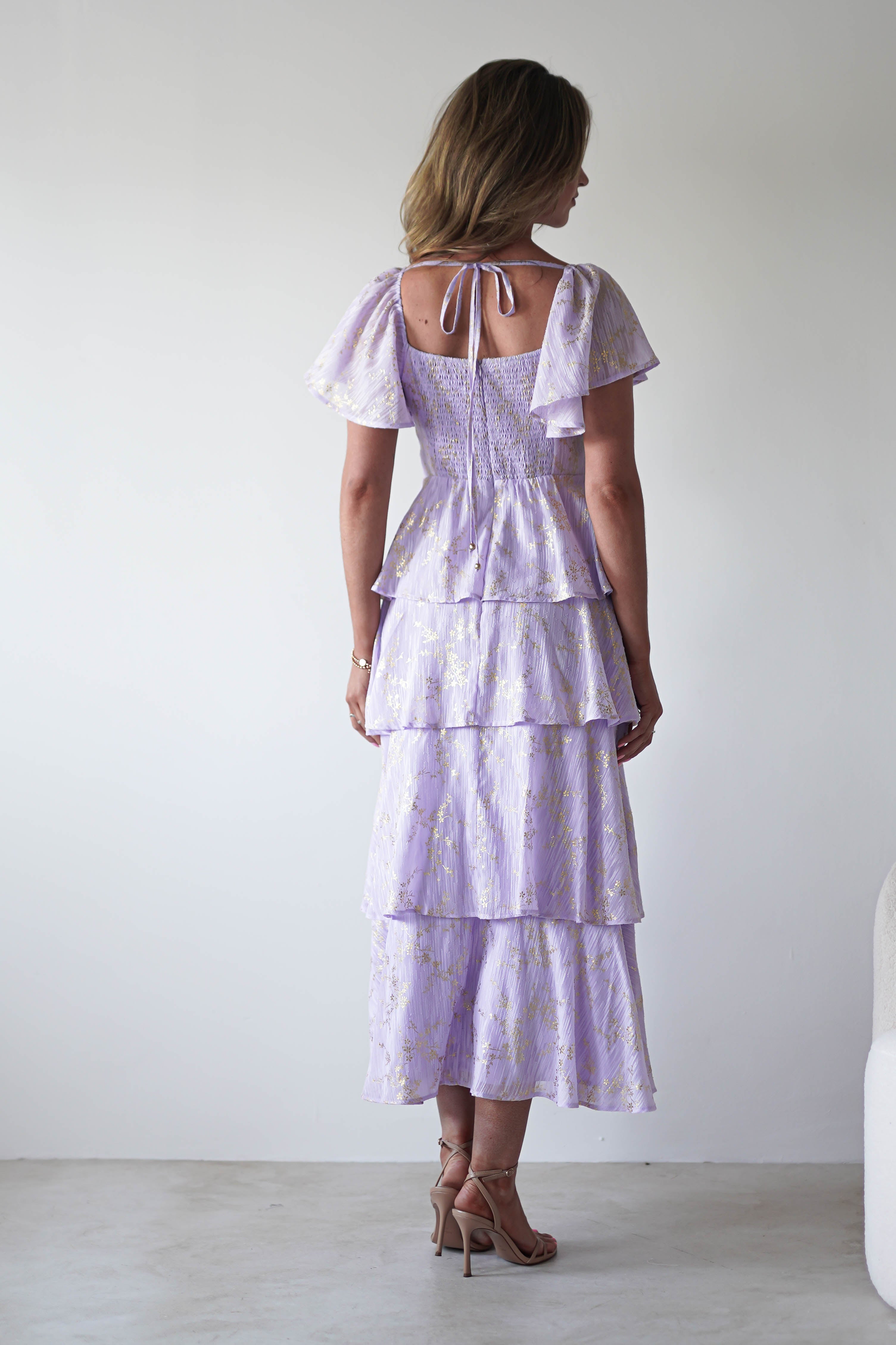 Mirielle Gold Detail Ruffle Maxi Dress | Lilac