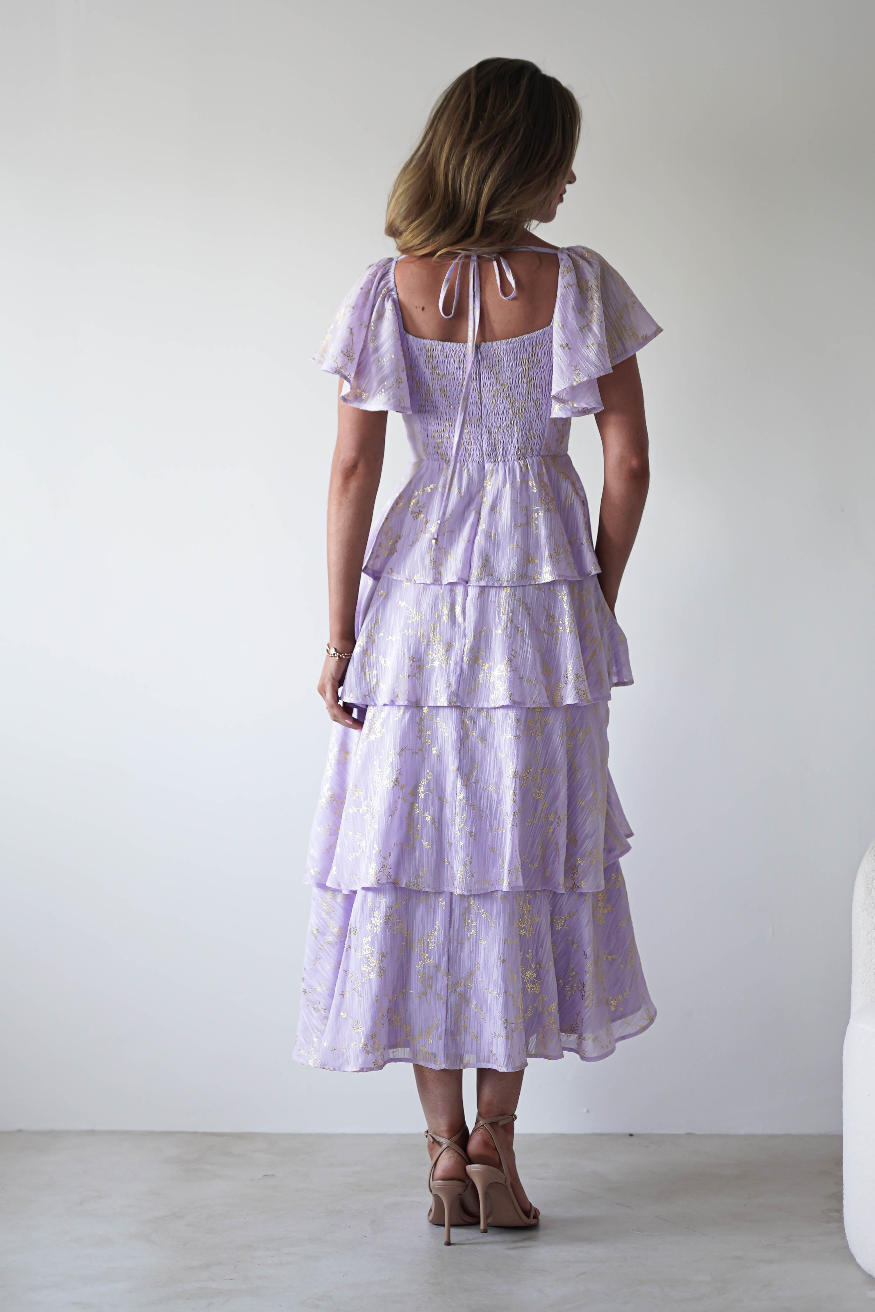 Mirielle Gold Detail Ruffle Maxi Dress | Lilac