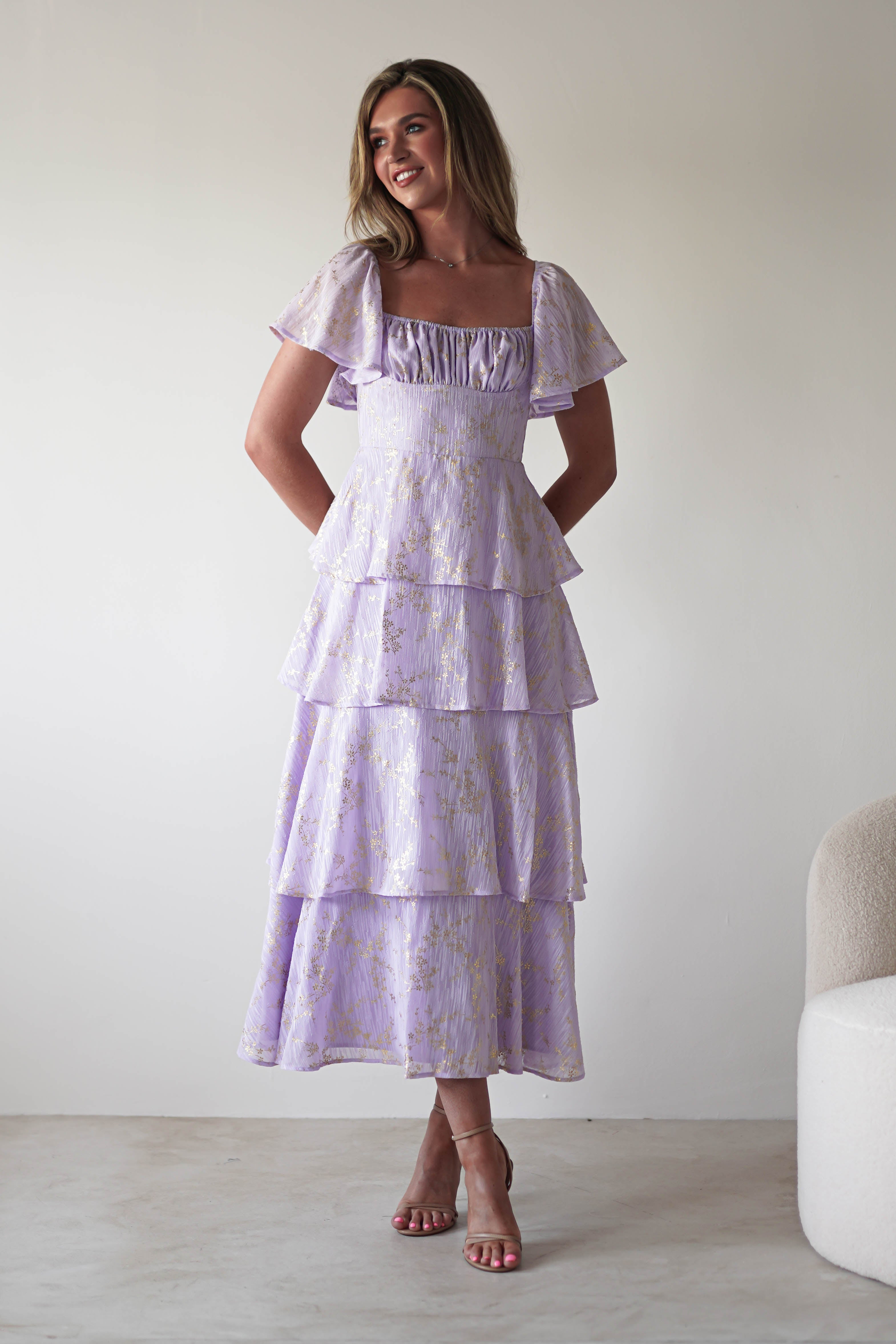 Mirielle Gold Detail Ruffle Maxi Dress | Lilac
