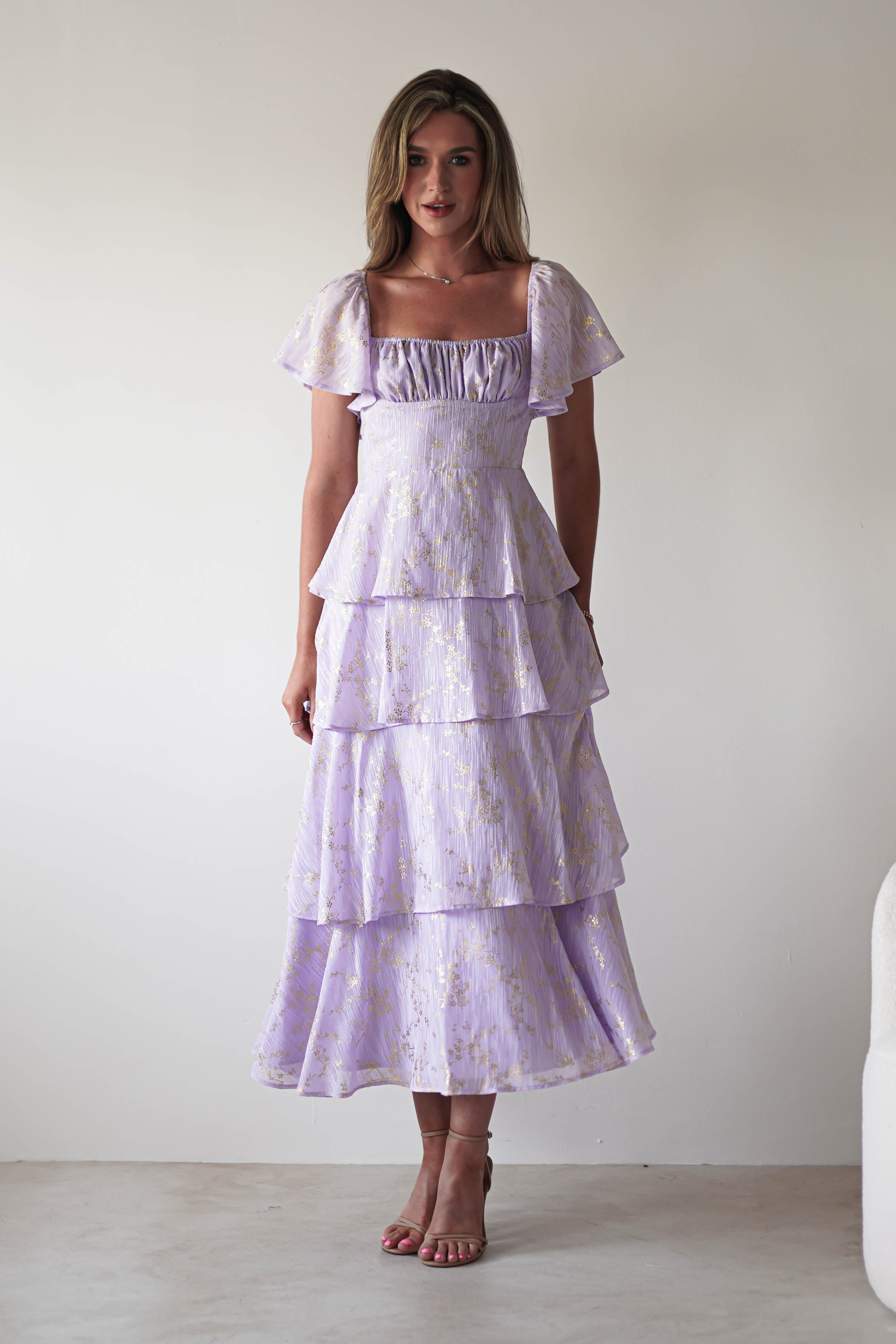 Mirielle Gold Detail Ruffle Maxi Dress | Lilac