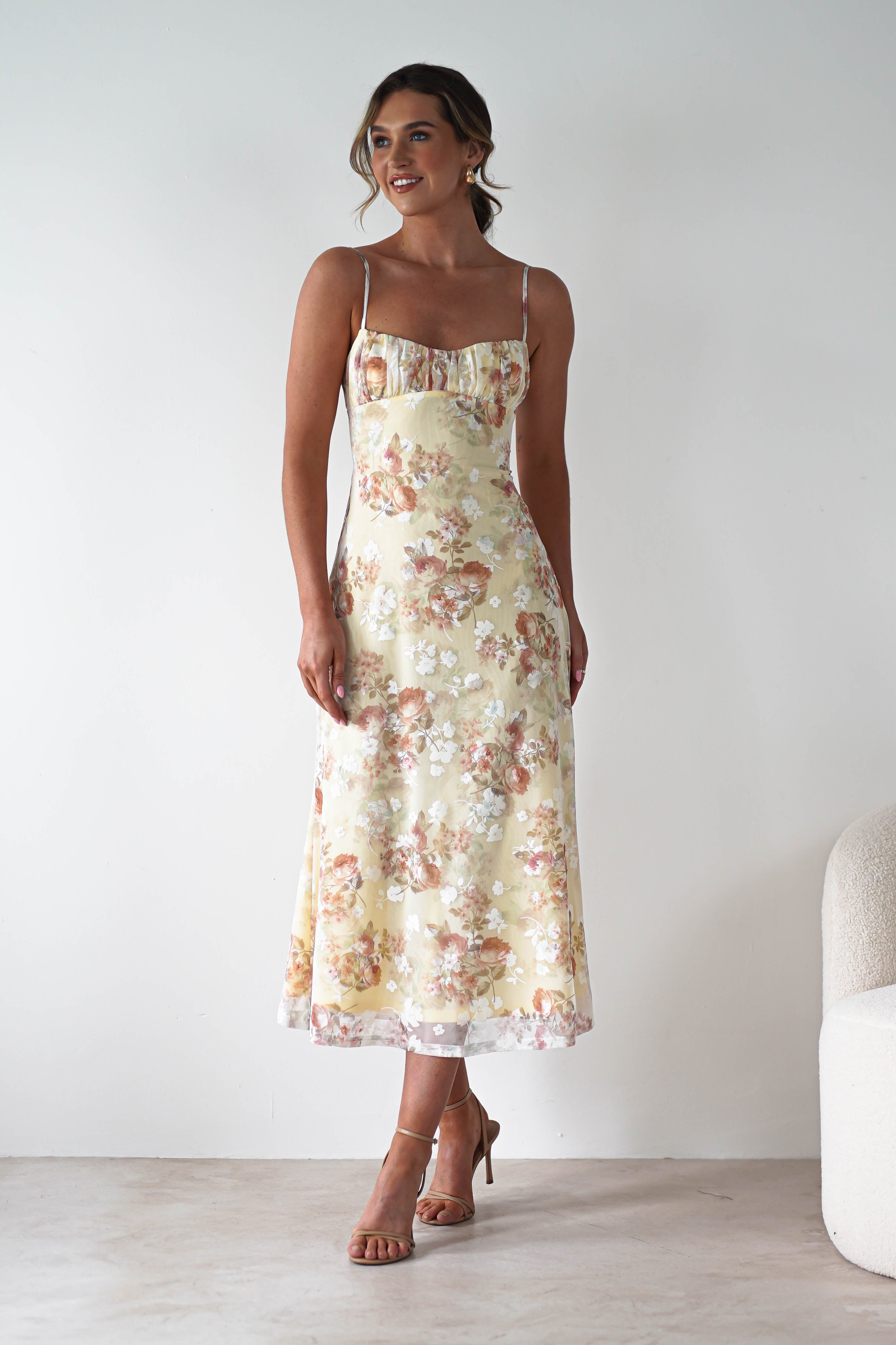Annabelle Floral Print Midaxi Dress | Yellow | Oh Hello Clothing | XS (6)