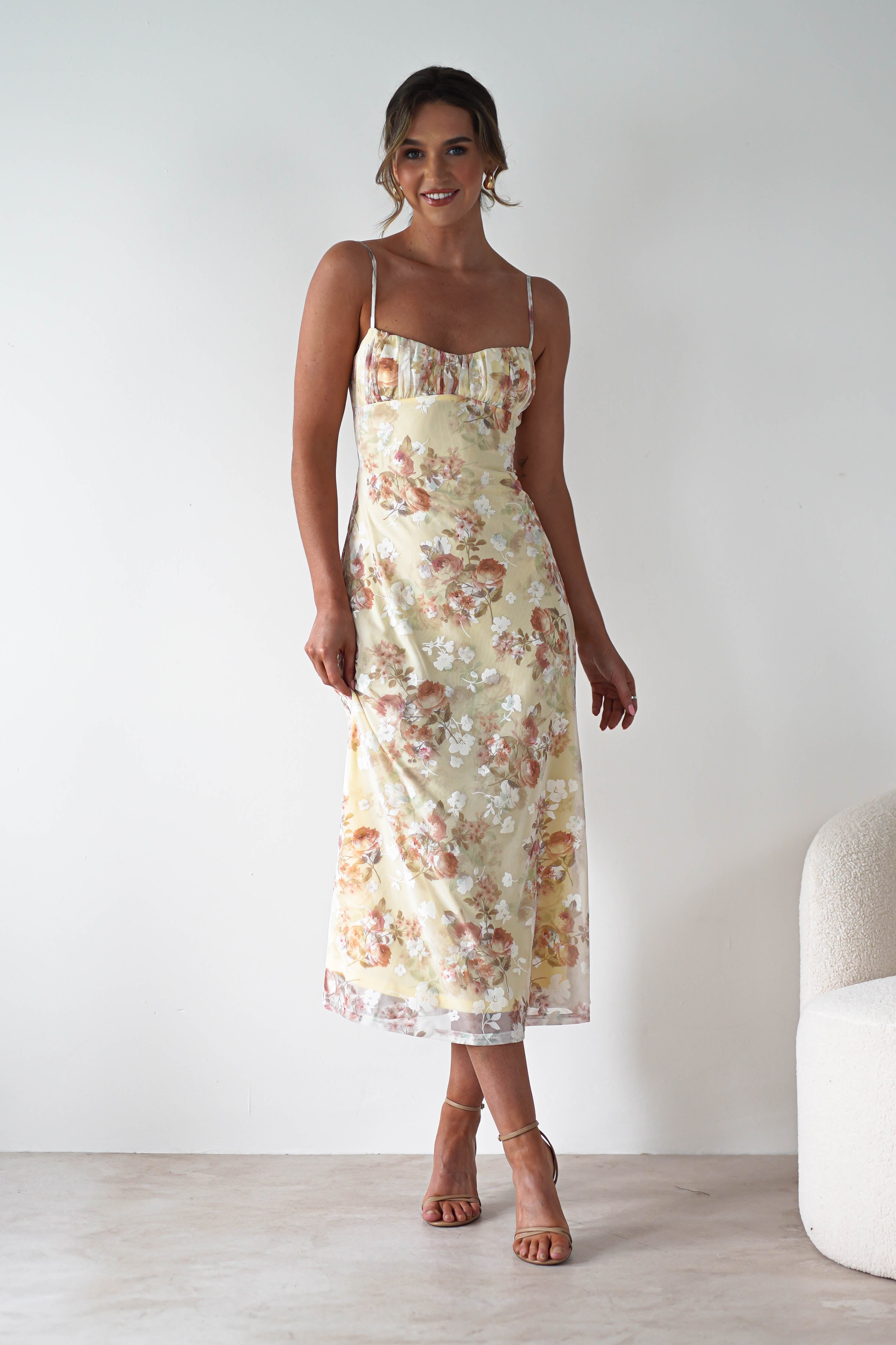 Annabelle Floral Print Midaxi Dress | Yellow | Oh Hello Clothing | XS (6)