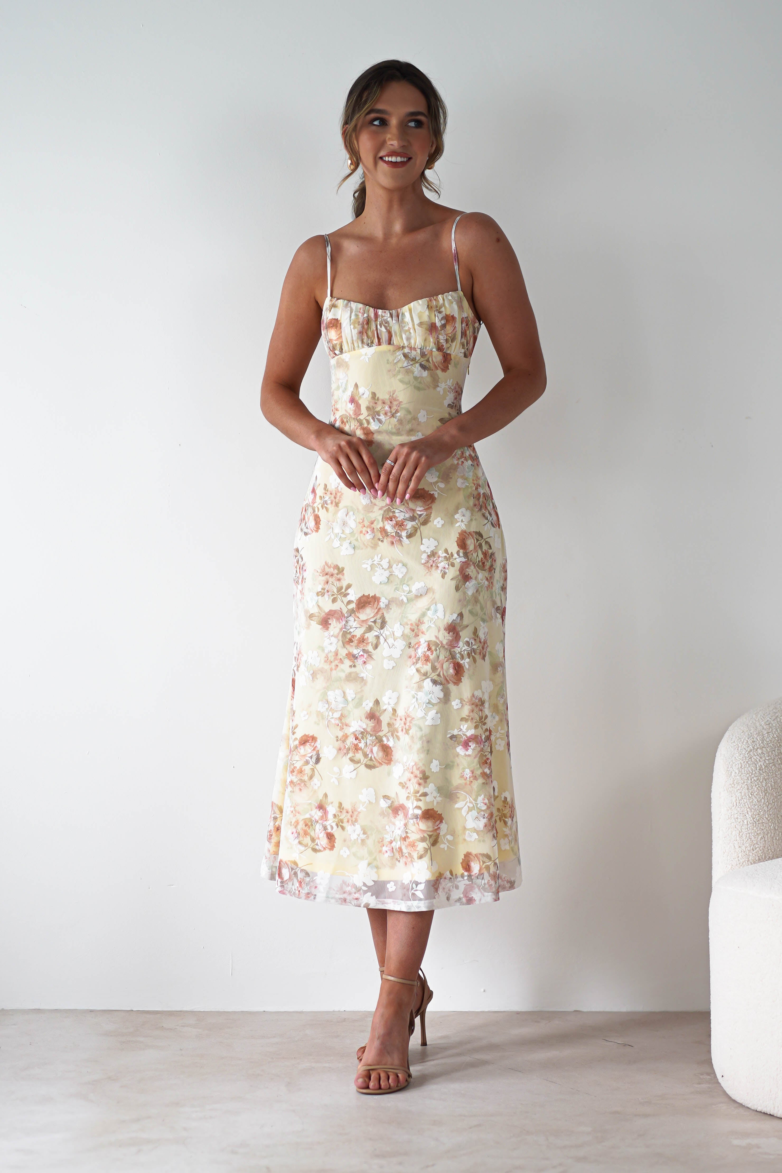 Annabelle Floral Print Midaxi Dress | Yellow | Oh Hello Clothing | XS (6)