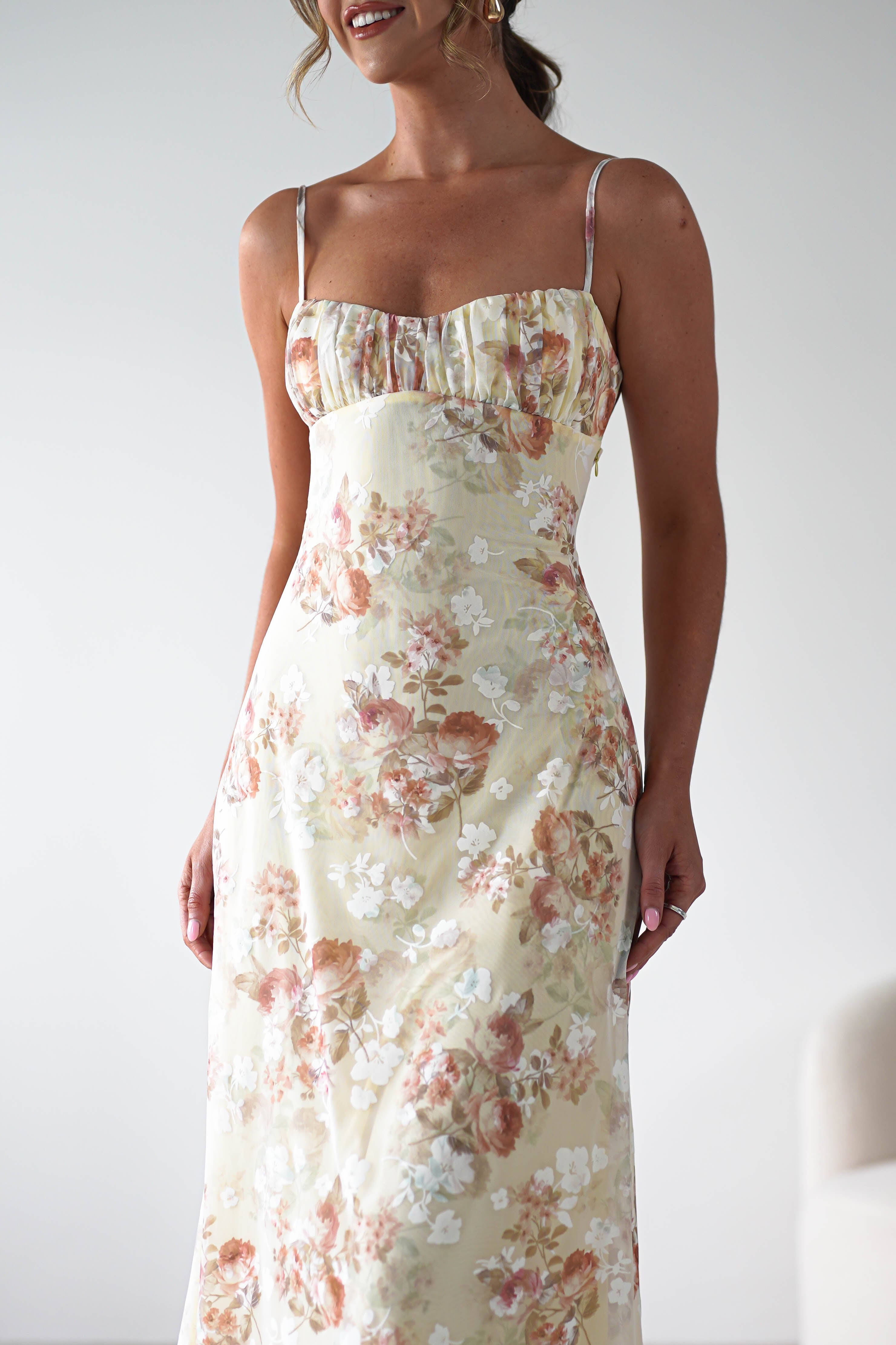 Annabelle Floral Print Midaxi Dress | Yellow | Oh Hello Clothing | XS (6)