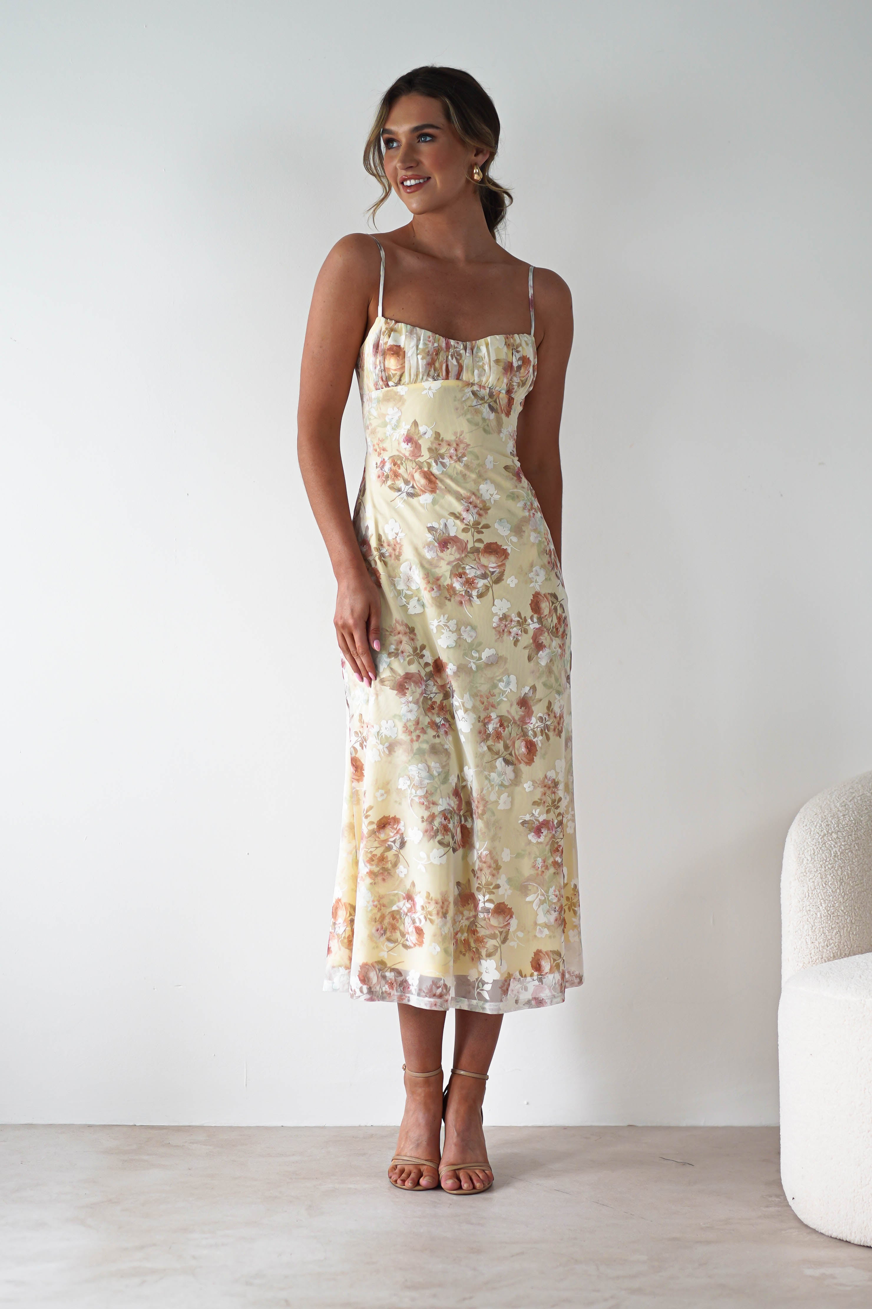 Annabelle Floral Print Midaxi Dress | Yellow | Oh Hello Clothing | XS (6)