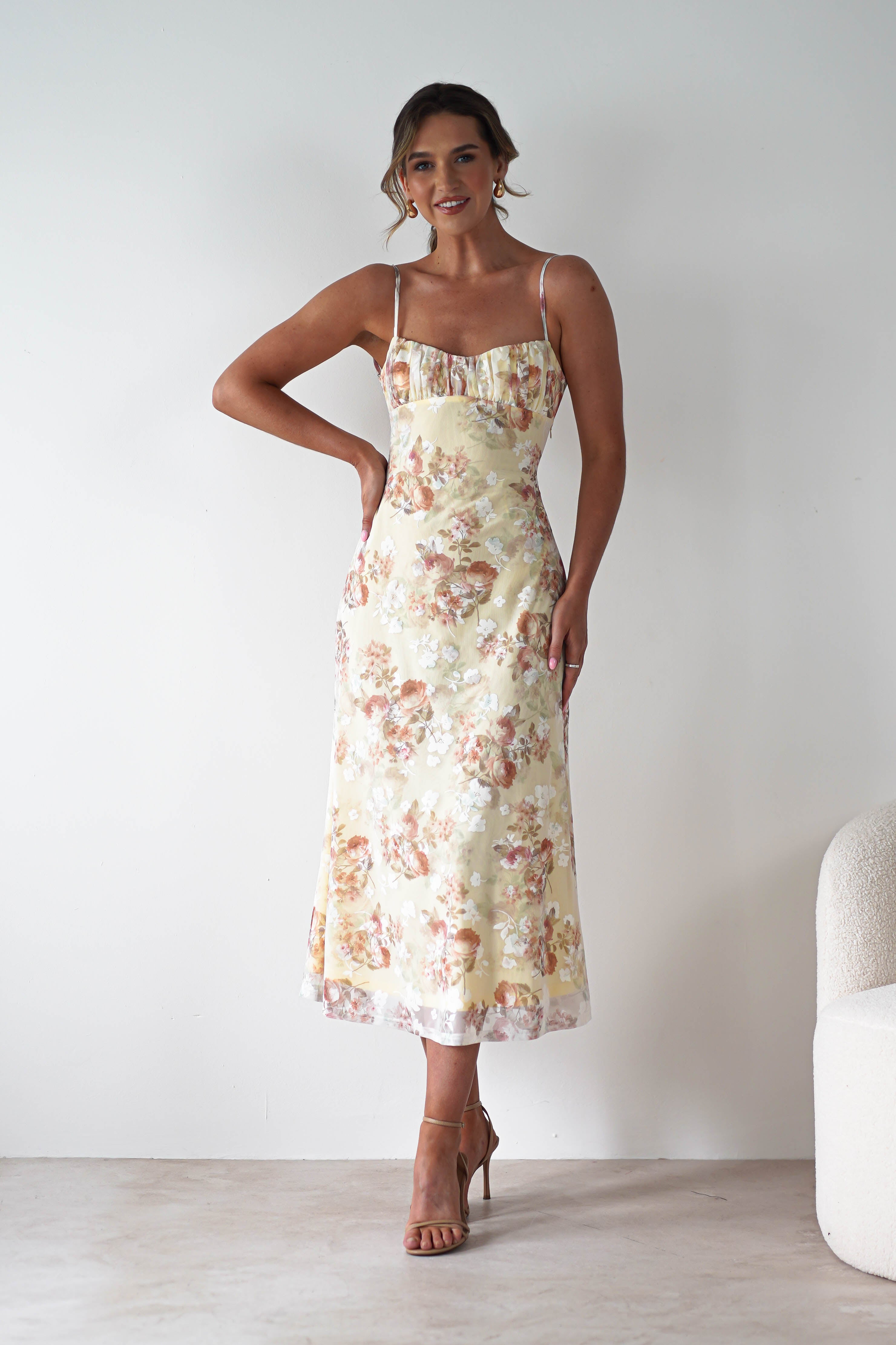 Annabelle Floral Print Midaxi Dress | Yellow | Oh Hello Clothing | XS (6)