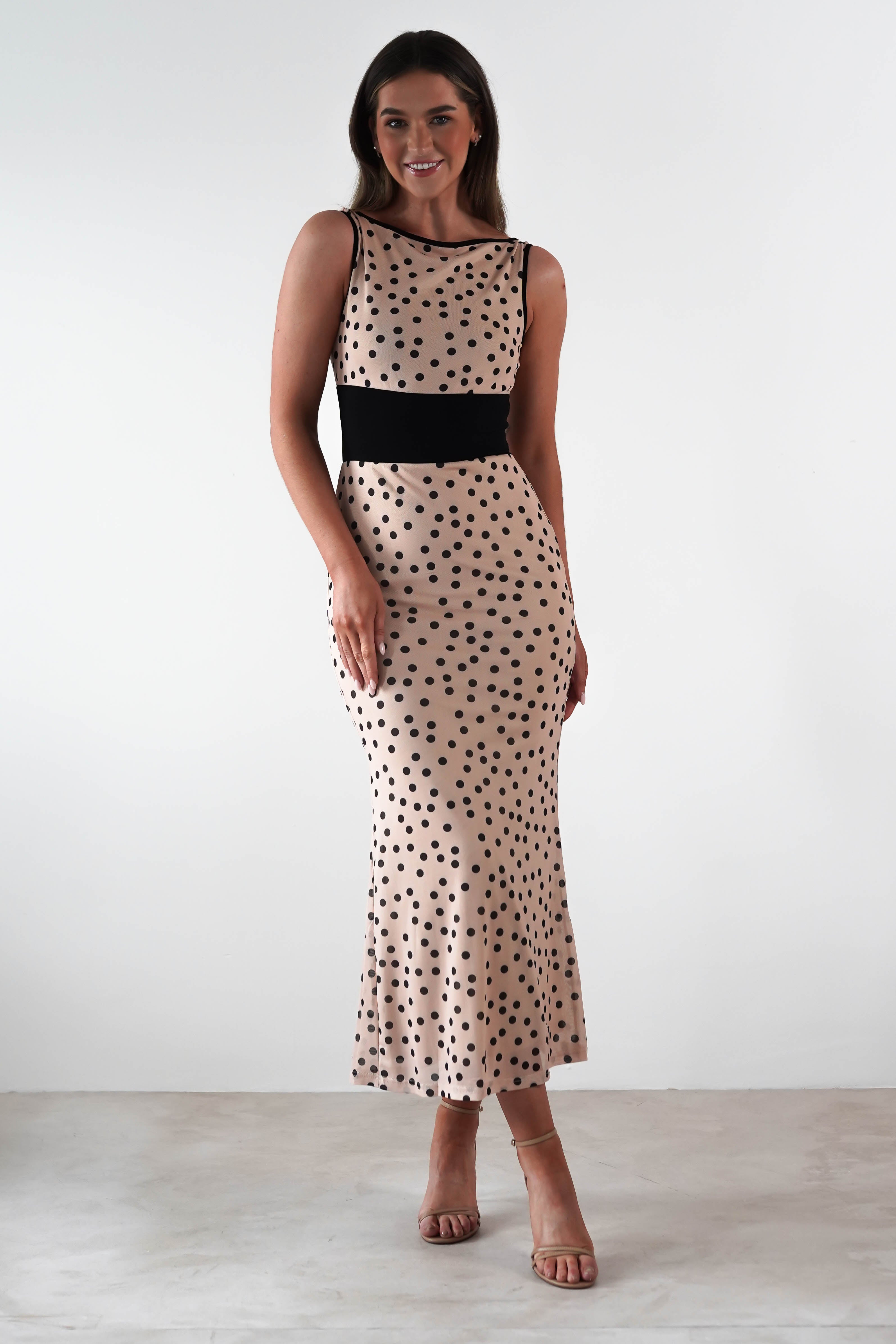 Bianca Polka Dot Mesh Maxi Dress | Beige | Oh Hello Clothing | XS (6)