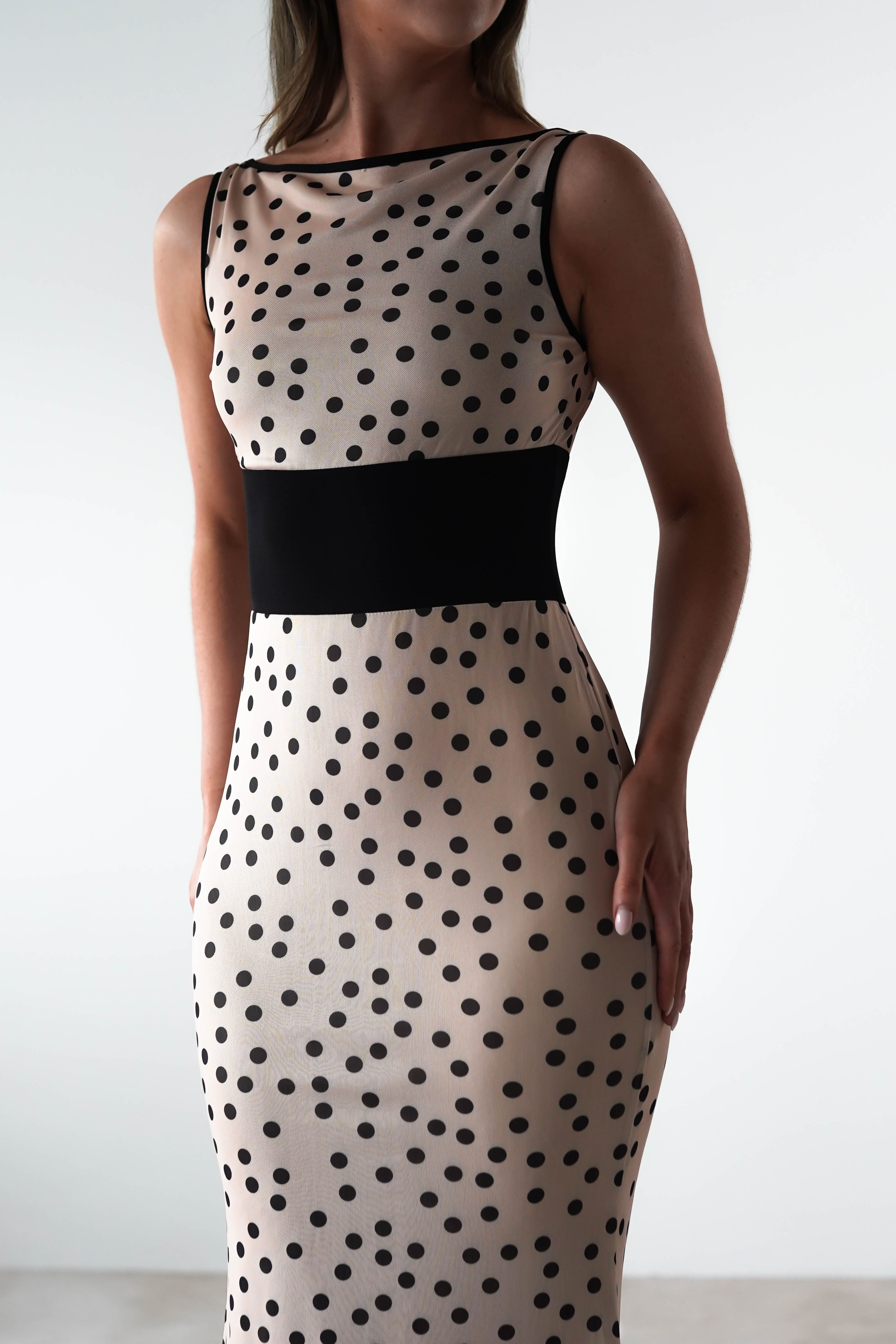 Bianca Polka Dot Mesh Maxi Dress | Beige | Oh Hello Clothing | XS (6)