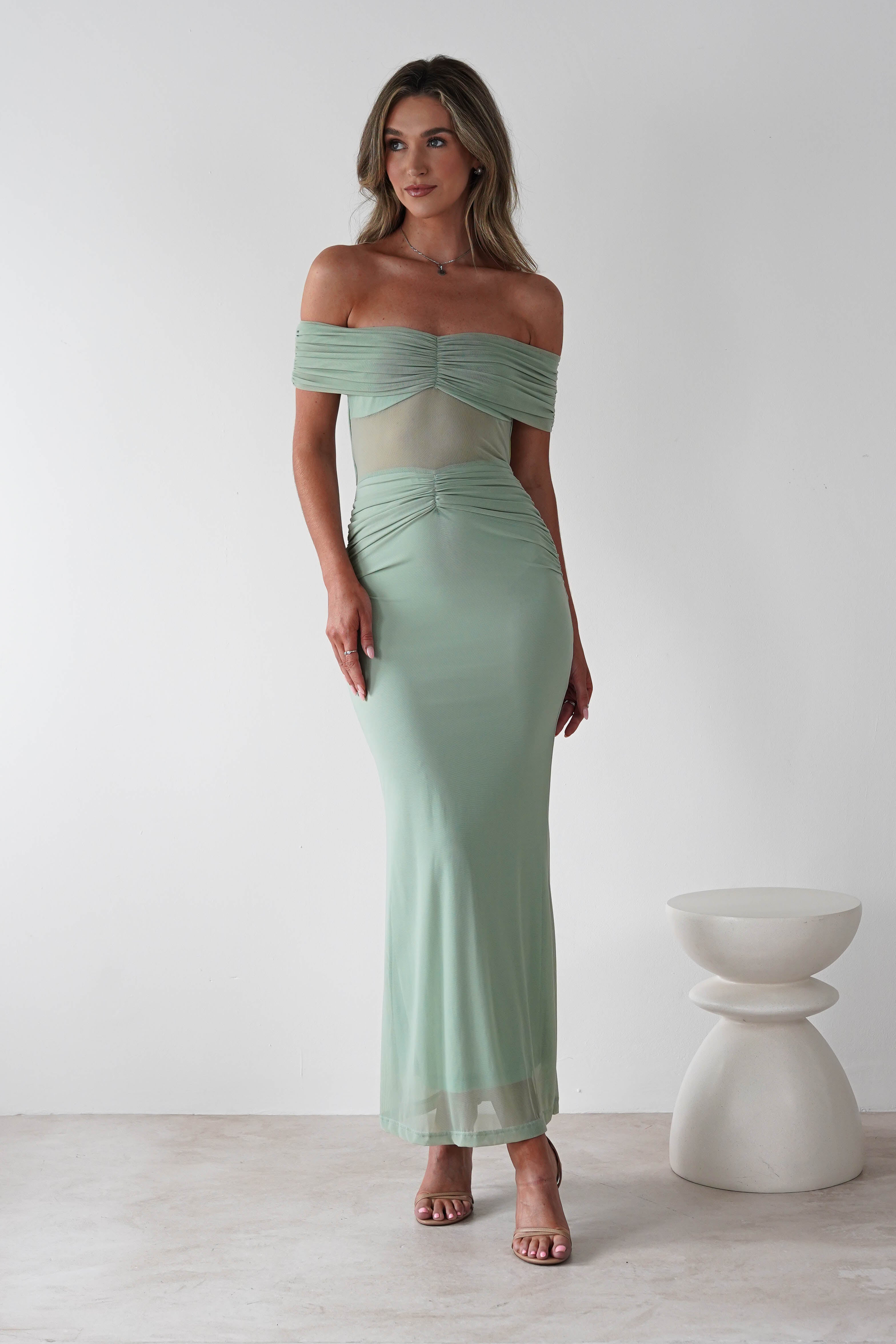 Shari Off The Shoulder Mesh Maxi | Sage | Oh Hello Clothing | XS (6)