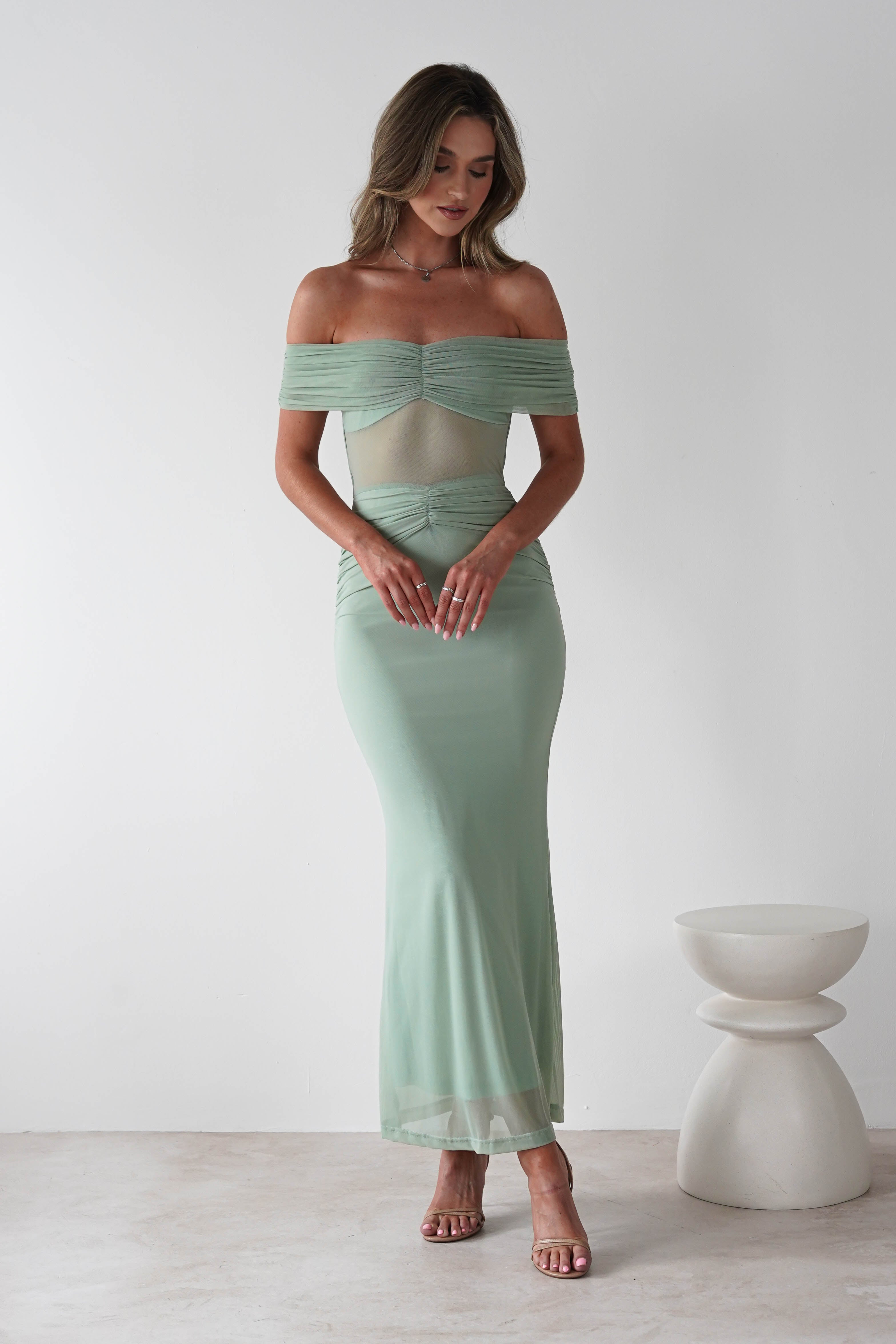 Shari Off The Shoulder Mesh Maxi | Sage | Oh Hello Clothing | XS (6)