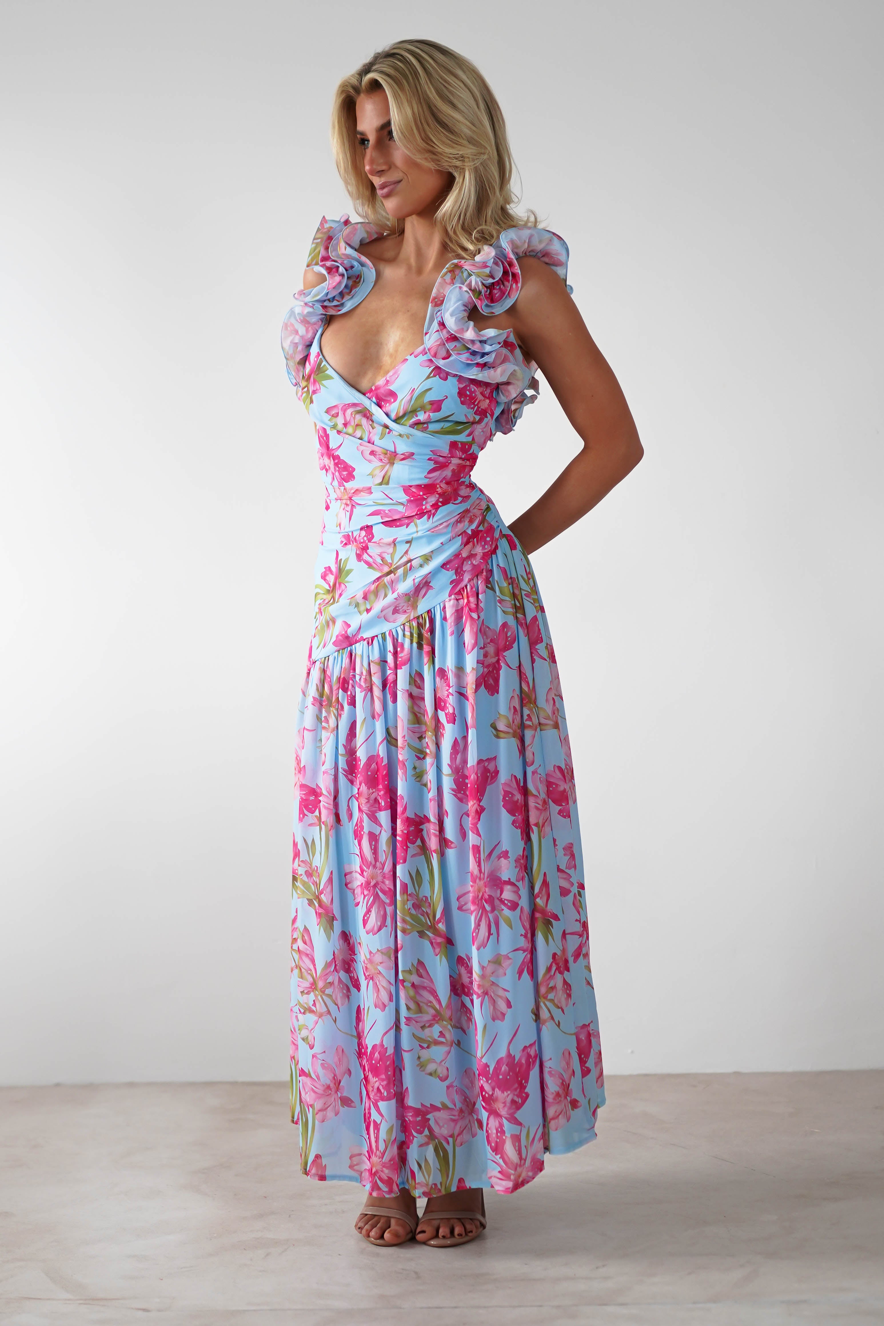 Karmen Ruffle Floral Midaxi Dress | Blue/Pink - Oh Hello Clothing