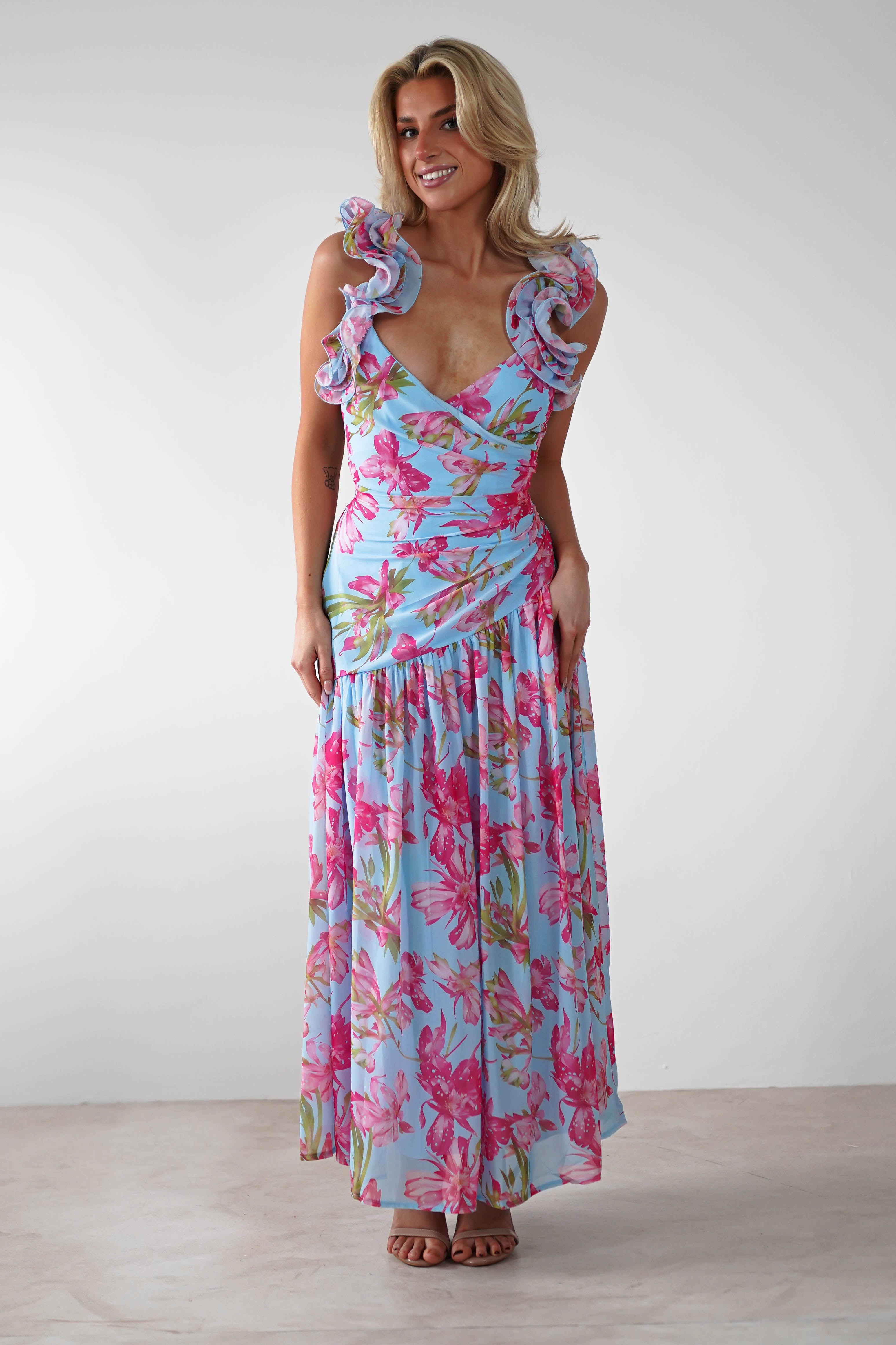 Karmen Ruffle Floral Midaxi Dress | Blue/Pink - Oh Hello Clothing