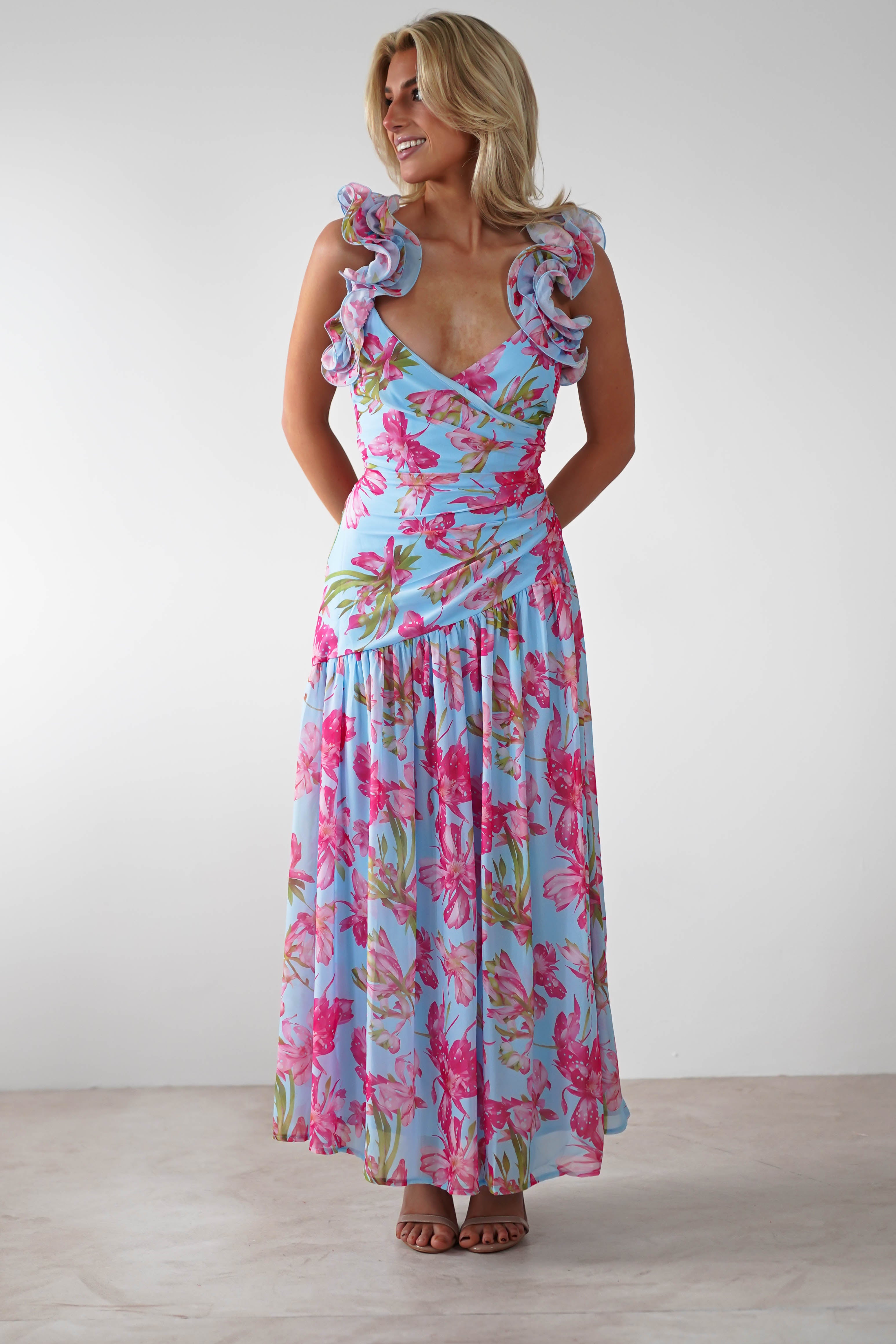 Karmen Ruffle Floral Midaxi Dress | Blue/Pink - Oh Hello Clothing